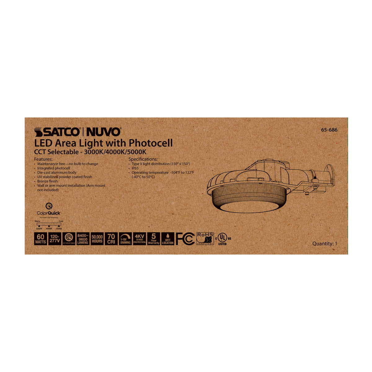 60 Watt LED Area Light with Photocell - CCT Selectable and Dimmable - Bronze Finish - 120-277 Volts - Ultra Bright Lumens