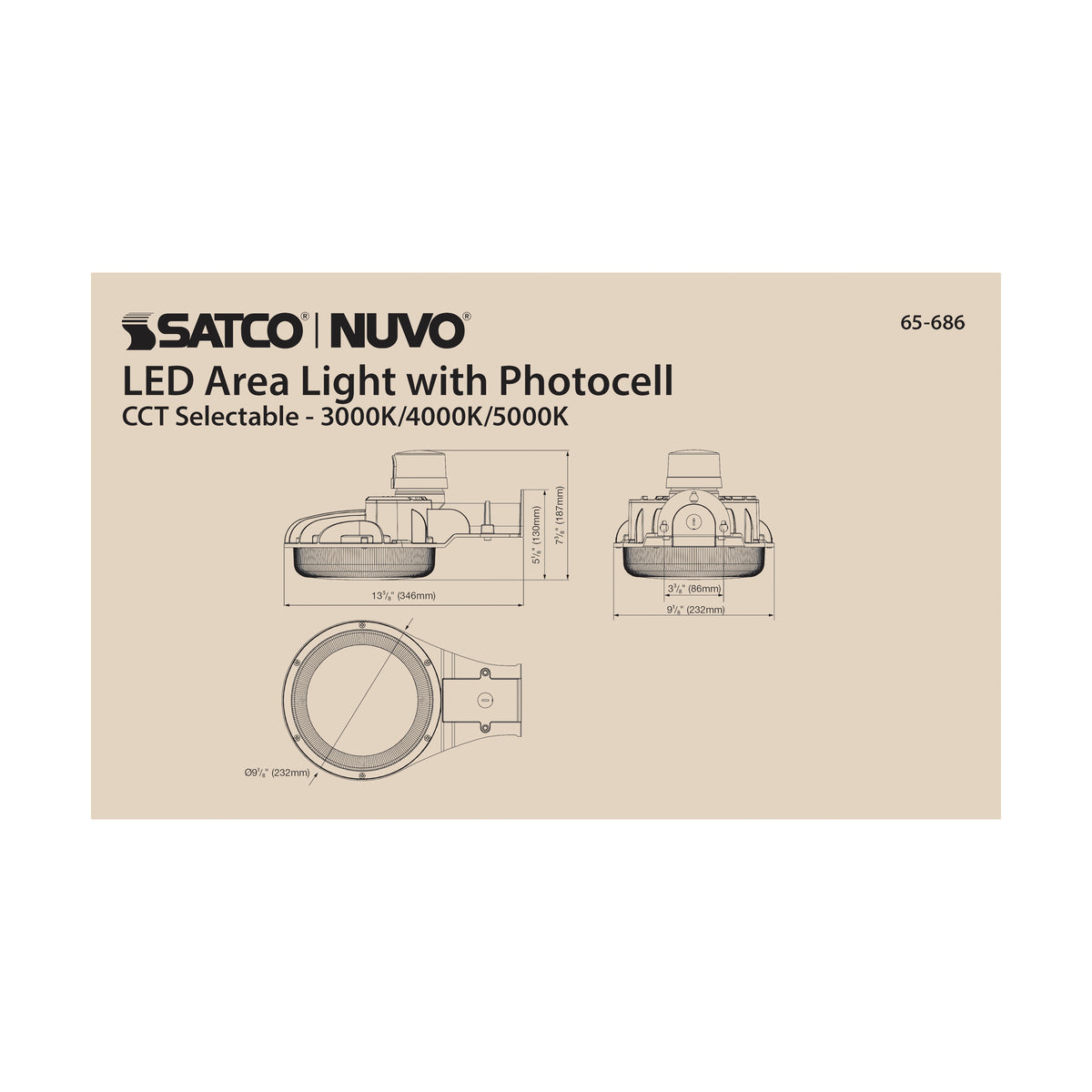 60 Watt LED Area Light with Photocell - CCT Selectable and Dimmable - Bronze Finish - 120-277 Volts - Ultra Bright Lumens