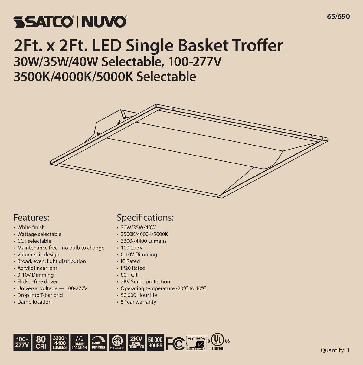 2X2 Single Basket LED Troffer Fixture - Wattage Selectable - CCT Selectable - Lumens Selectable - 100-277V - White Finish