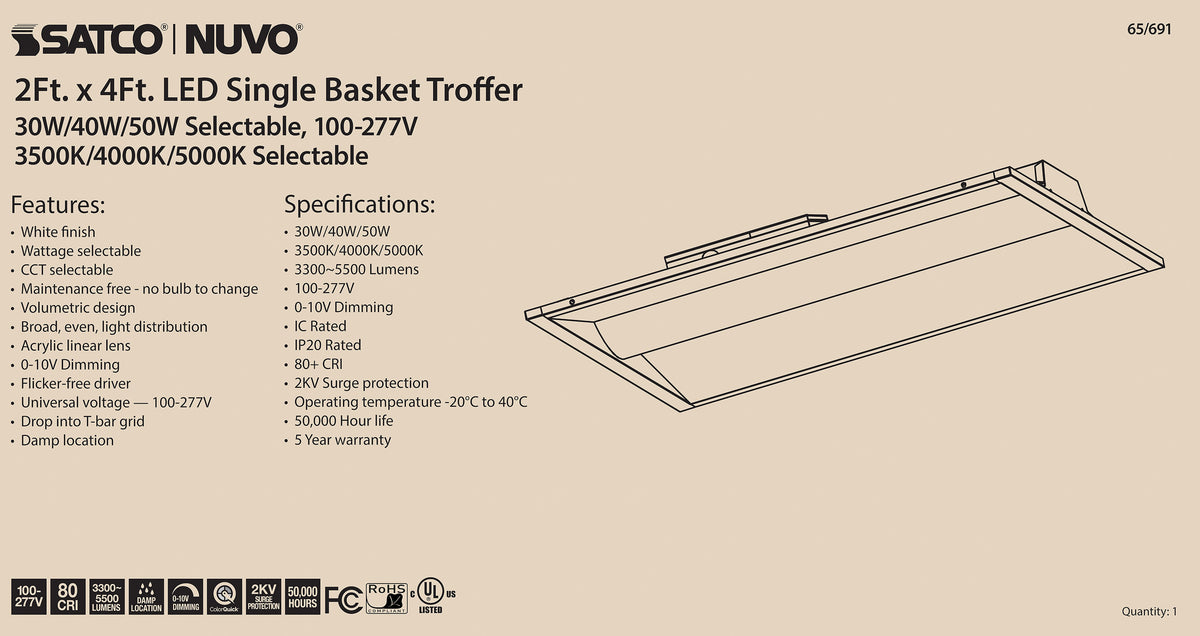 2X4 Single Basket LED Troffer Fixture - Wattage Selectable - CCT Selectable - Lumens Selectable - 100-277V - White Finish