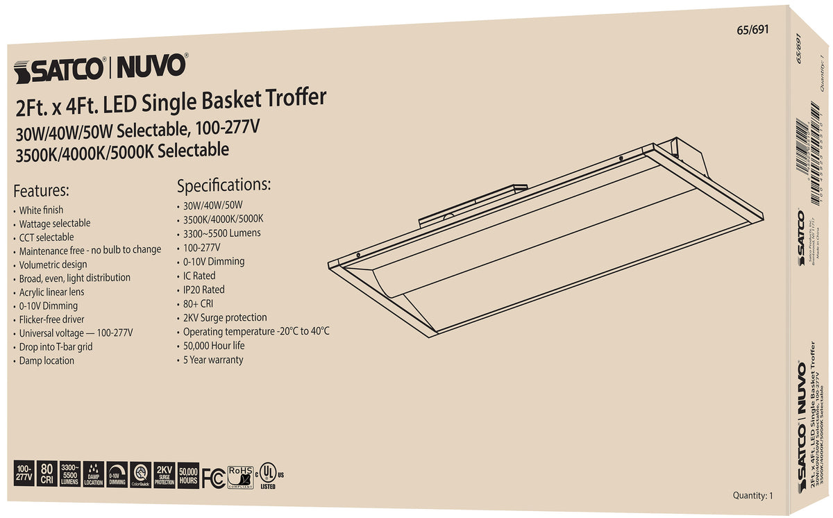 2X4 Single Basket LED Troffer Fixture - Wattage Selectable - CCT Selectable - Lumens Selectable - 100-277V - White Finish