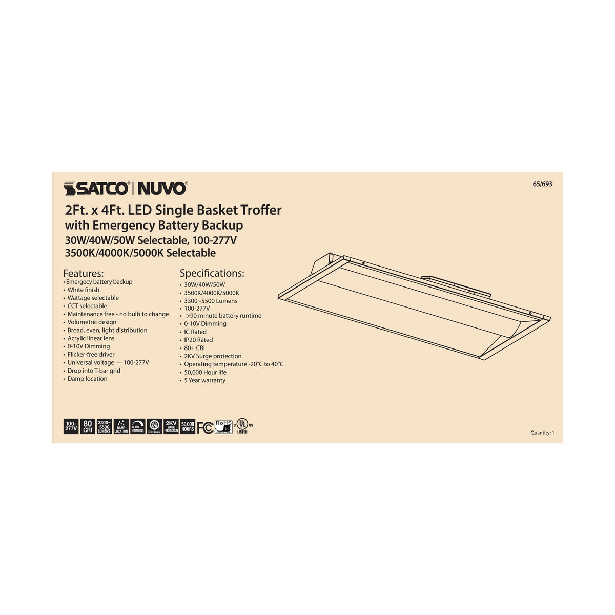 2X4 Emergency Backup - Single Basket LED Troffer Fixture - Wattage Selectable - CCT Selectable - Lumens Selectable - White Finish