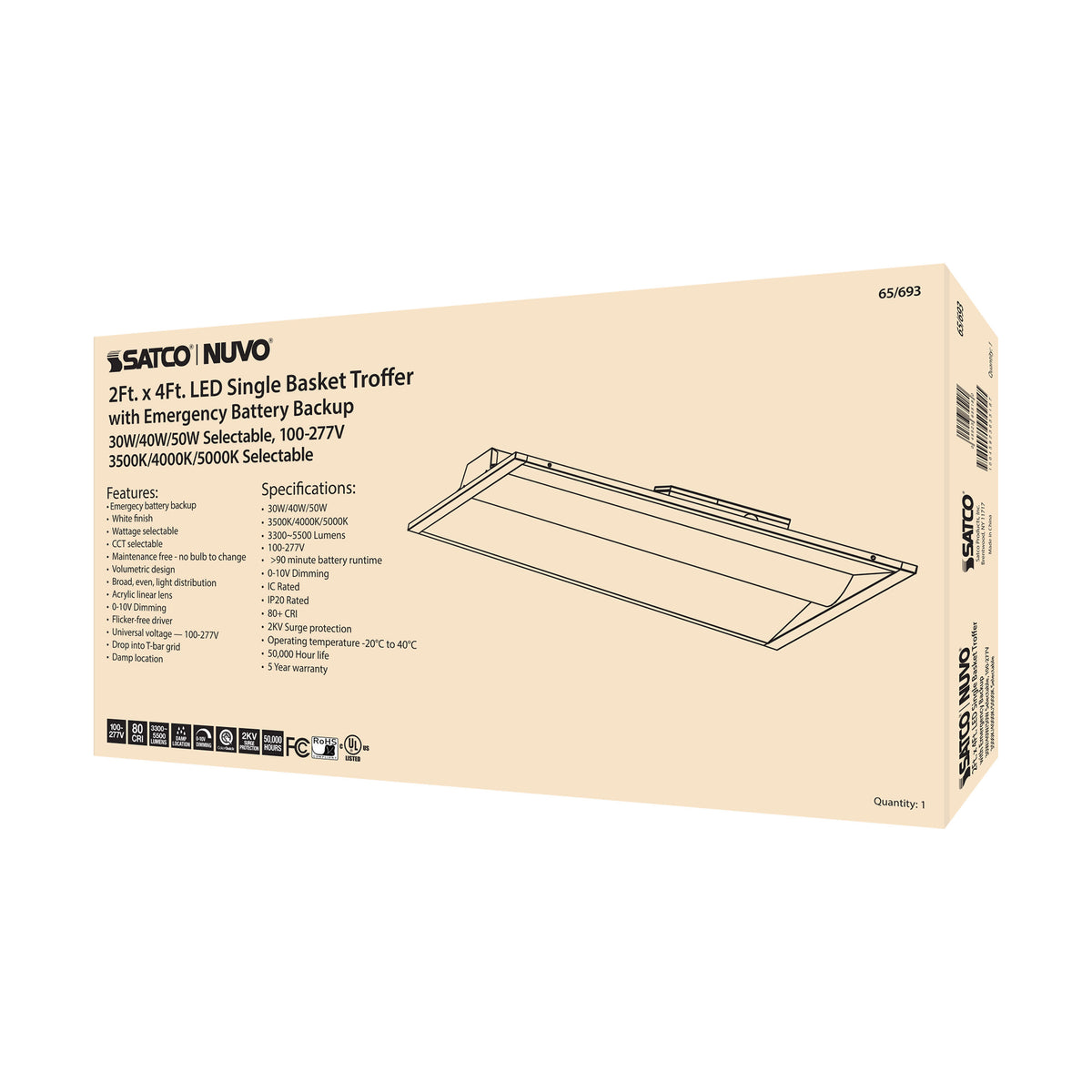 2X4 Emergency Backup - Single Basket LED Troffer Fixture - Wattage Selectable - CCT Selectable - Lumens Selectable - White Finish