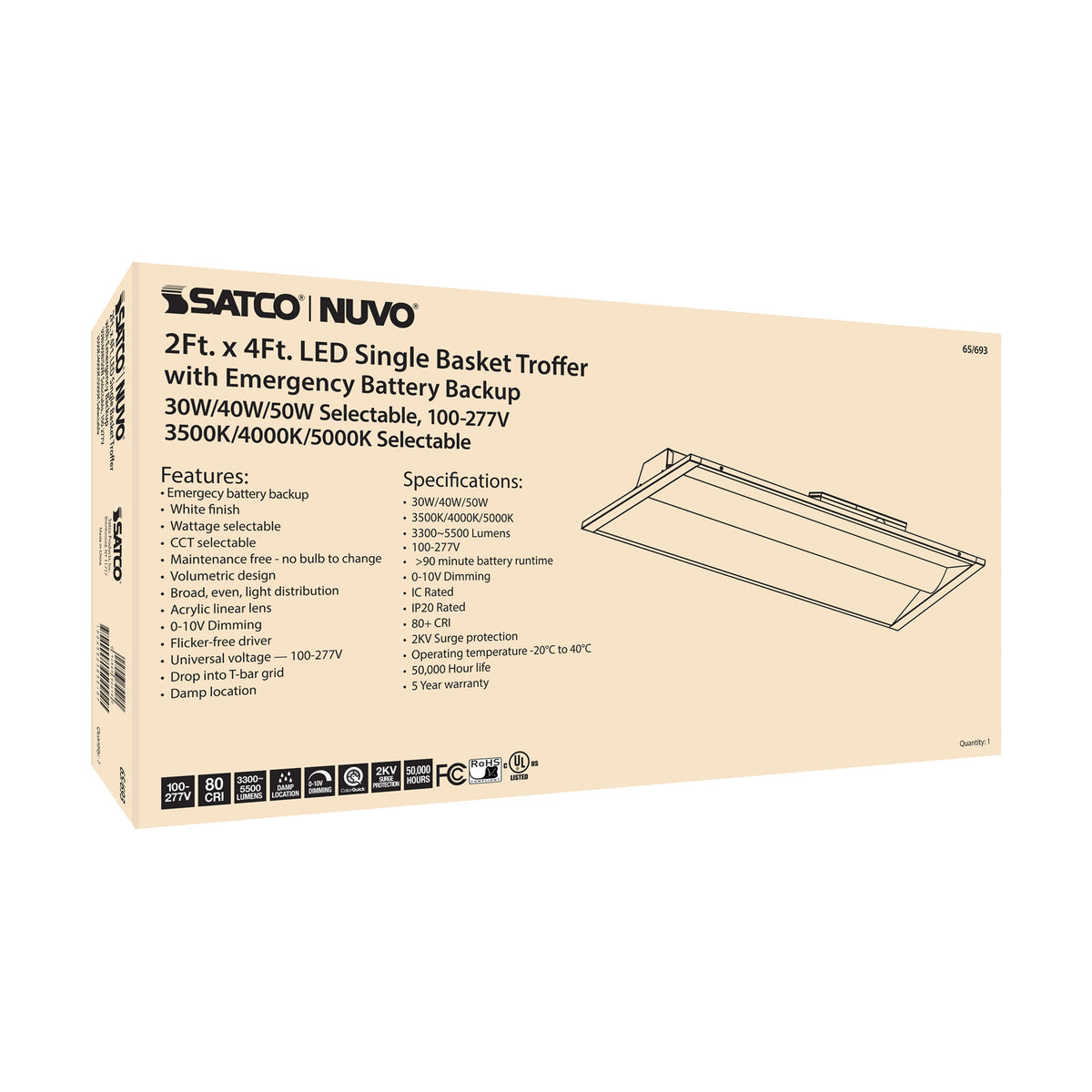 2X4 Emergency Backup - Single Basket LED Troffer Fixture - Wattage Selectable - CCT Selectable - Lumens Selectable - White Finish