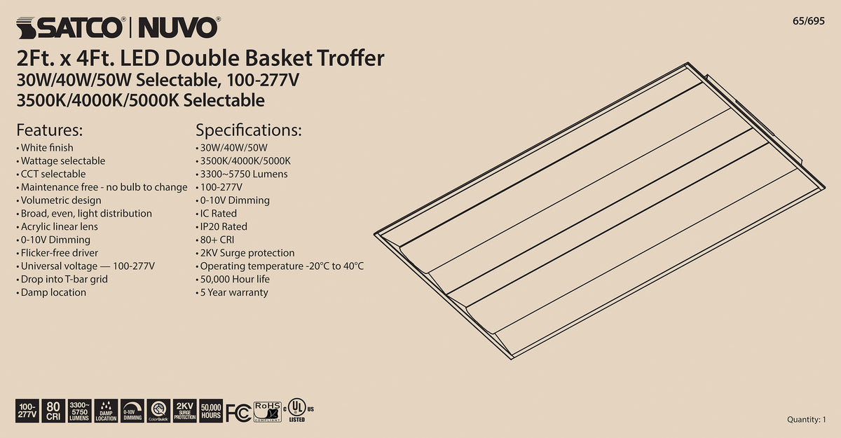 2X4 Double Basket LED Troffer Fixture - Wattage Selectable - CCT Selectable - Lumens Selectable - 100-277V - White Finish