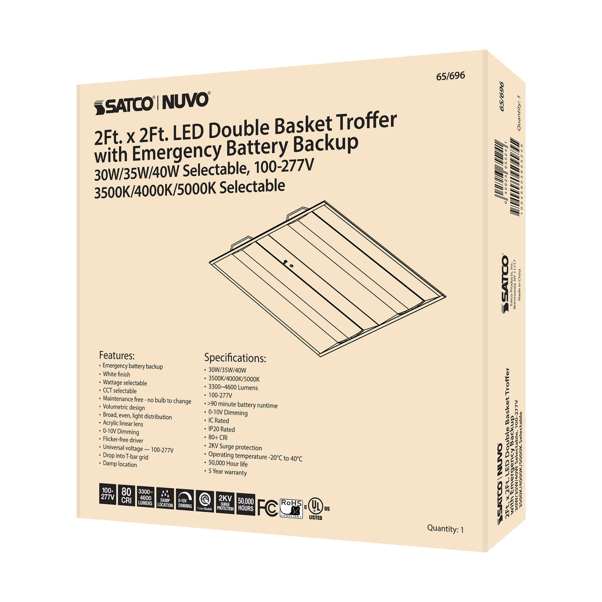 2X2 Emergency Backup - Double Basket LED Troffer Fixture - Wattage Selectable - CCT Selectable - Lumens Selectable - White Finish