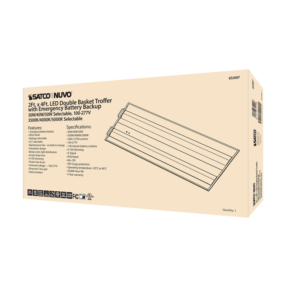 2X4 Emergency Backup - Double Basket LED Troffer Fixture - Wattage Selectable - CCT Selectable - Lumens Selectable - White Finish