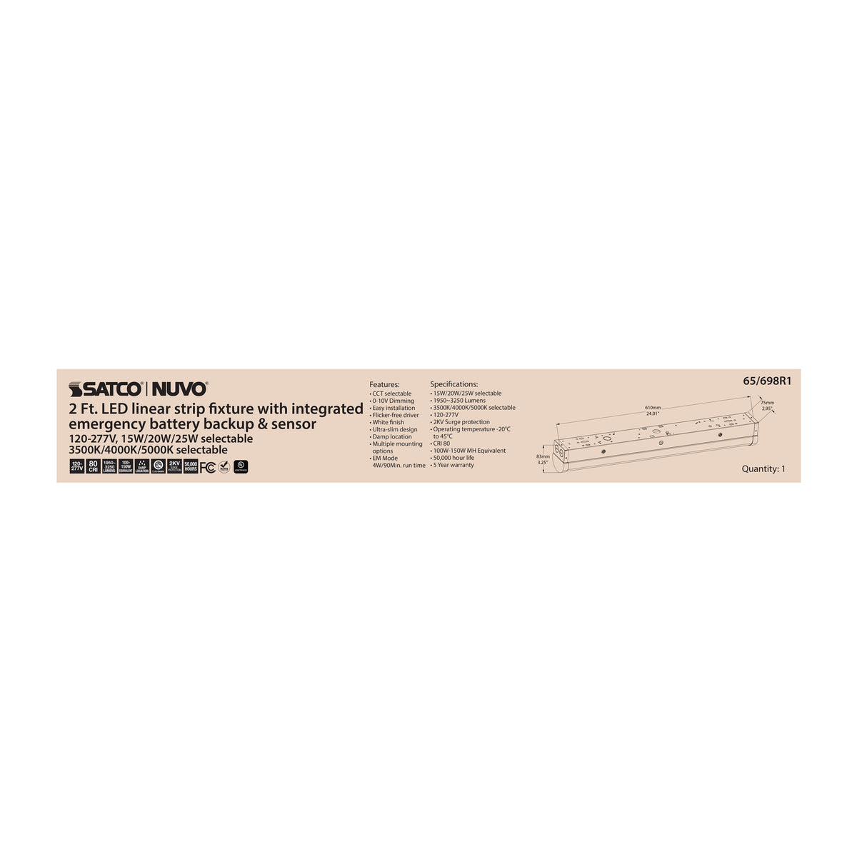 LED 2 ft. - Linear Strip Light - 15/20/25 Watt - 35K/40K/50K CCT Selectable - White Finish - 120-277V - Integrated EM & Sensor