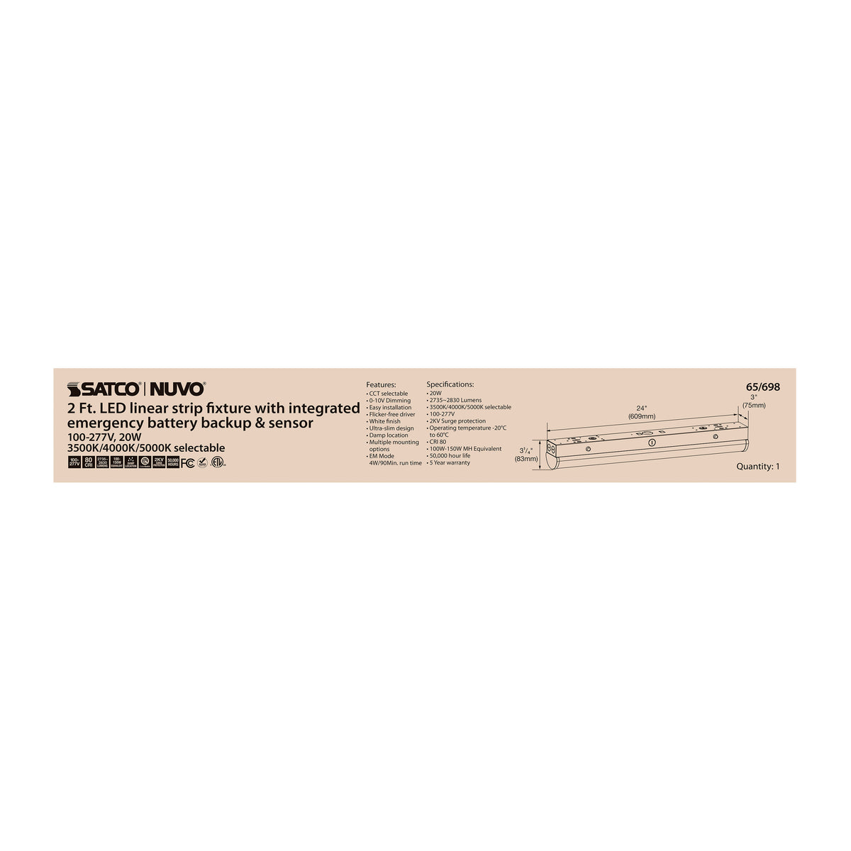 LED 2 ft. - Linear Strip Light - 20W - White Finish - CCT Selectable - 100-277V - Integrated EM & Sensor