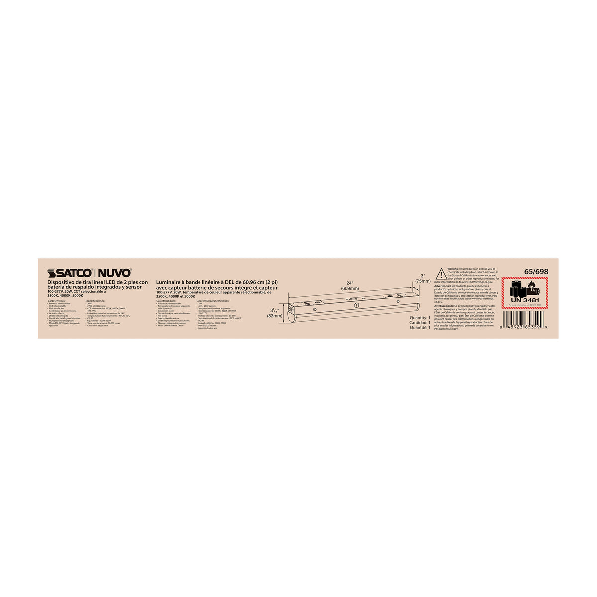 LED 2 ft. - Linear Strip Light - 20W - White Finish - CCT Selectable - 100-277V - Integrated EM & Sensor