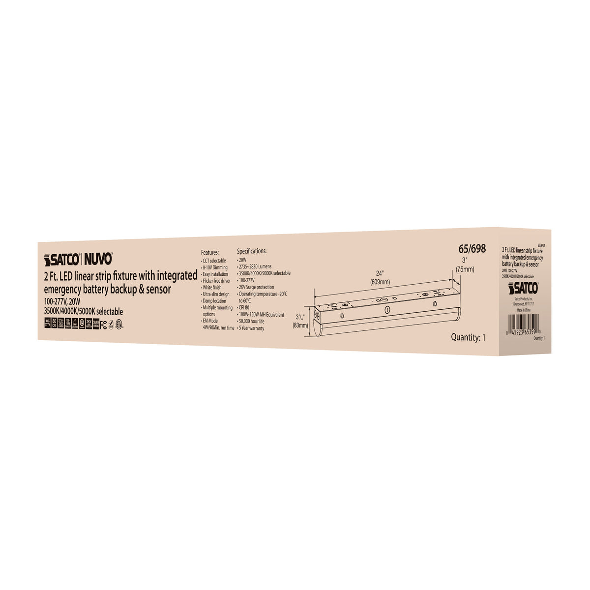 LED 2 ft. - Linear Strip Light - 20W - White Finish - CCT Selectable - 100-277V - Integrated EM & Sensor