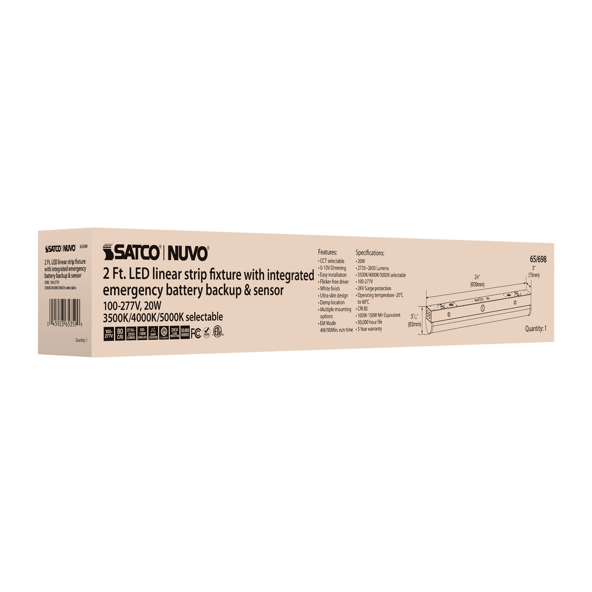 LED 2 ft. - Linear Strip Light - 20W - White Finish - CCT Selectable - 100-277V - Integrated EM & Sensor