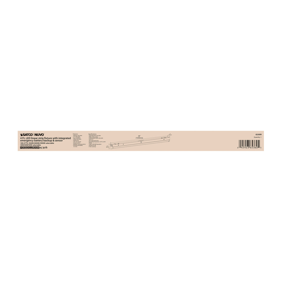 LED 4 ft - Linear Strip Light - 30W/40W/50W - White Finish - CCT Selectable - 100-277V - Integrated EM & Sensor