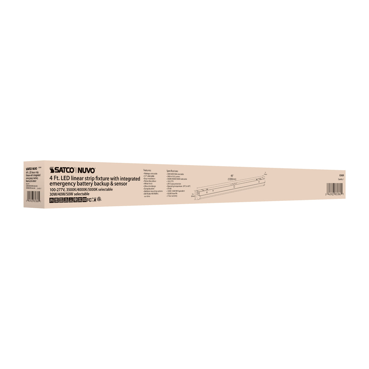 LED 4 ft - Linear Strip Light - 30W/40W/50W - White Finish - CCT Selectable - 100-277V - Integrated EM & Sensor