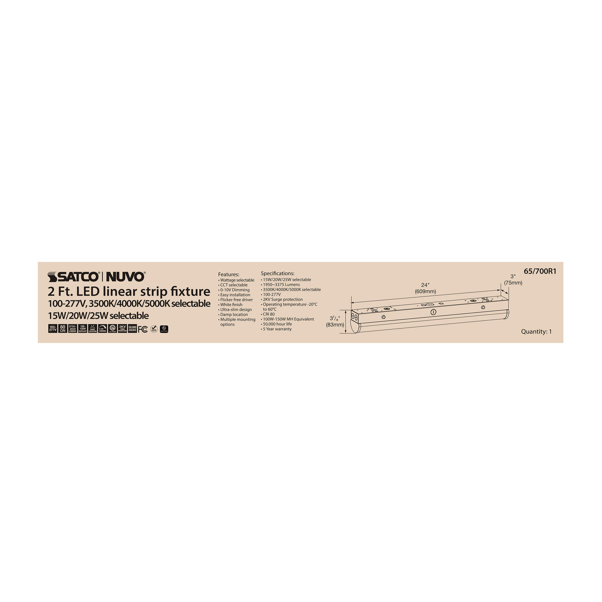 2 Foot LED Linear Strip Light - Field Selectable - White Finish