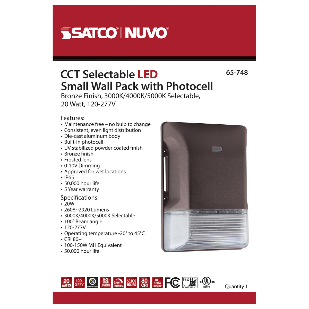 LED Small Wall Pack - 20W - CCT Selectable 3K/4K/5K - Bronze Finish - 100-277V