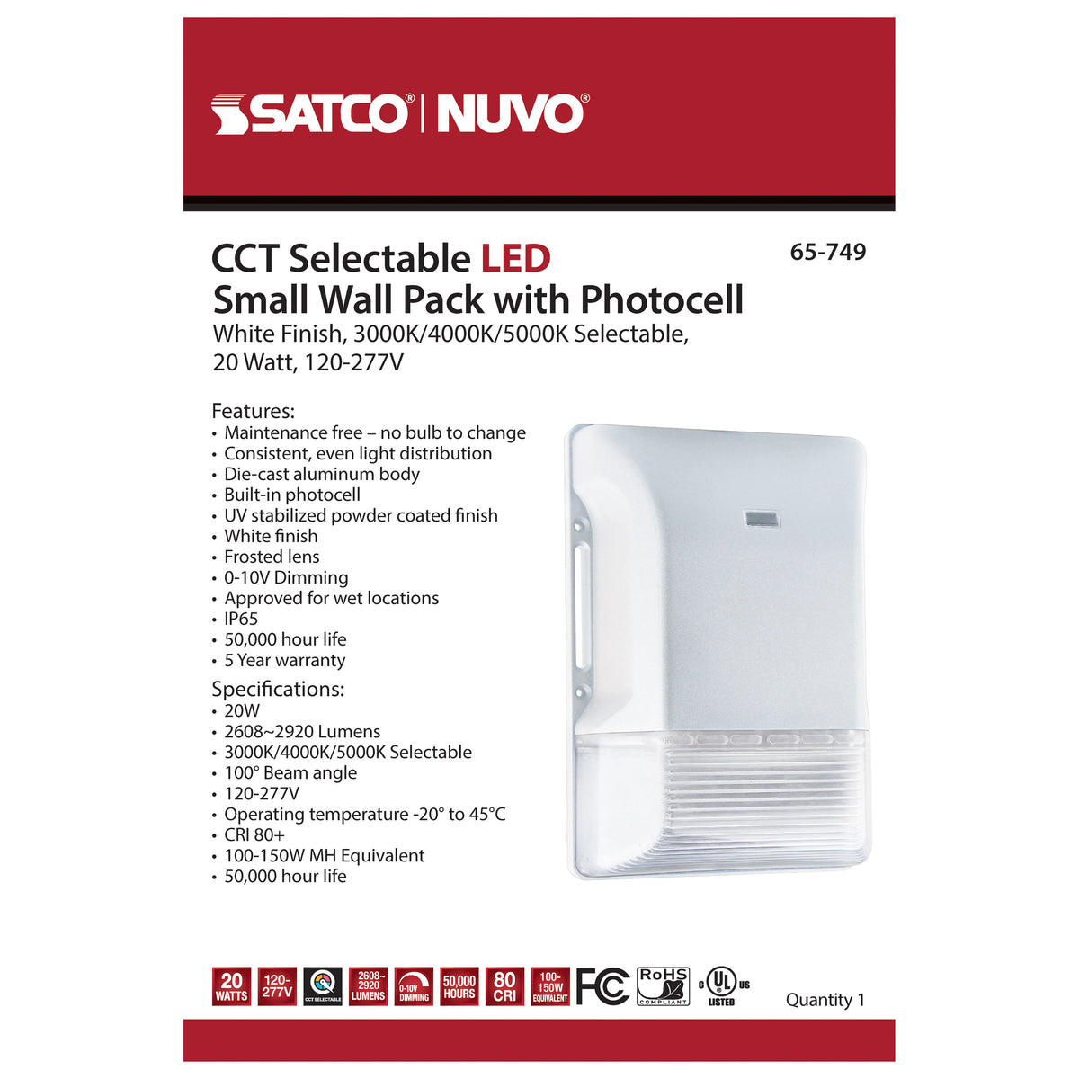 LED Small Wall Pack - 20W - CCT Selectable 3K/4K/5K - White Finish - 100-277V