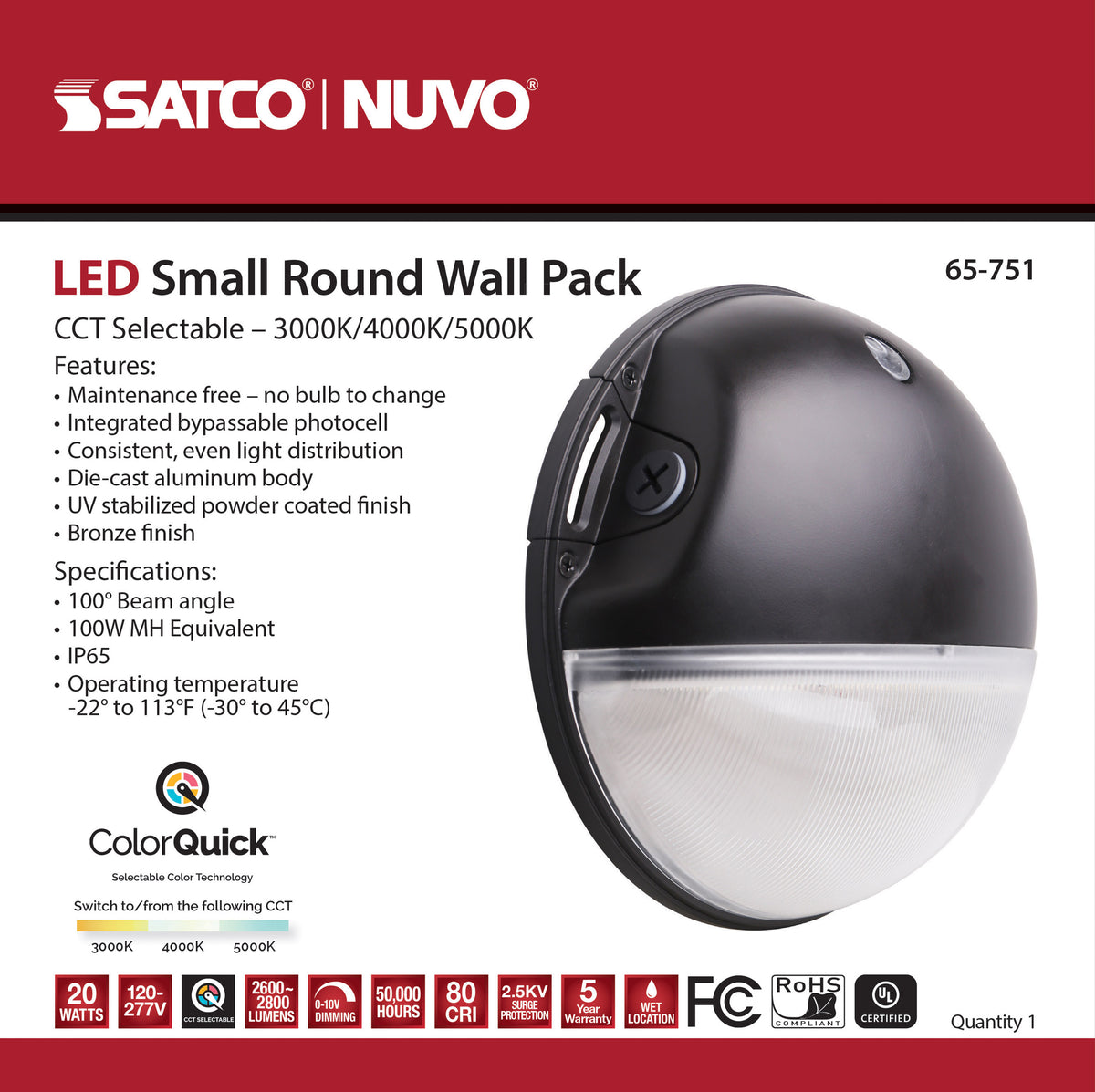 LED Small Round Wall Pack - 20W - CCT Selectable - Bypassable Photocell - 120-277 Volt - Bronze Finish