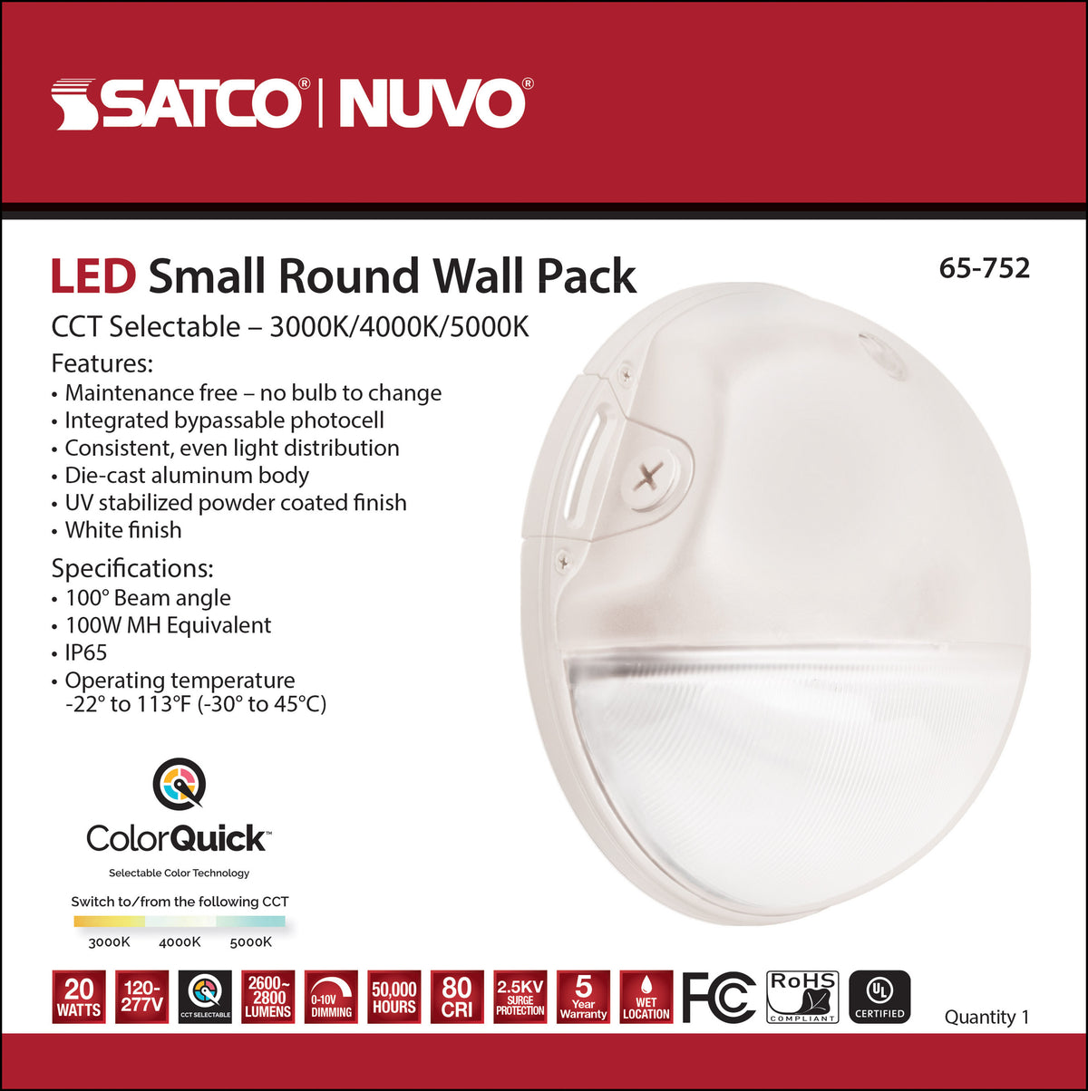 LED Small Round Wall Pack - 20W - CCT Selectable - Bypassable Photocell - 120-277 Volt - White Finish