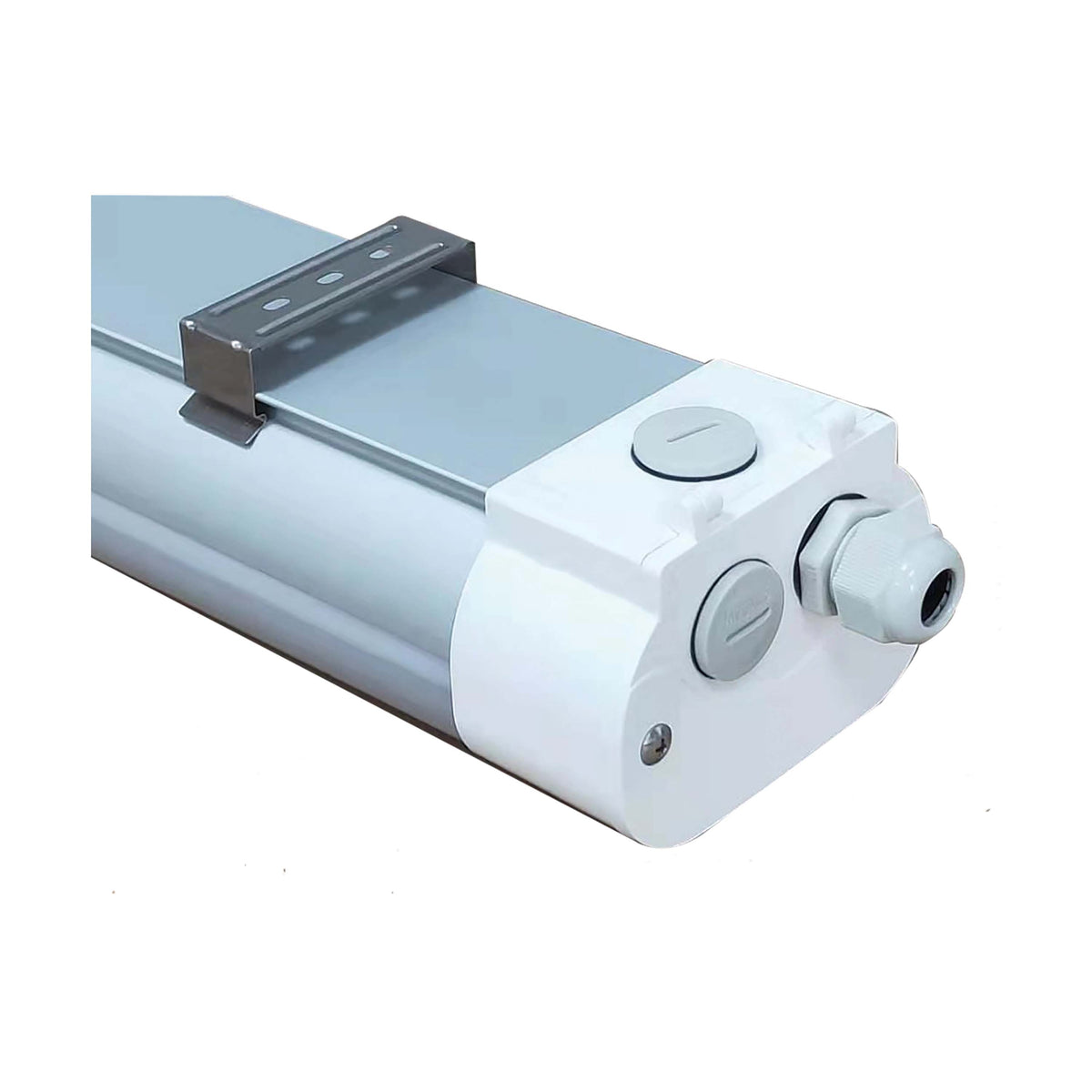 4 Foot - LED Tri-Proof Linear Fixture with Integrated Microwave Sensor - CCT & Wattage Selectable - IP65 and IK08 Rated - White / Gray Finish