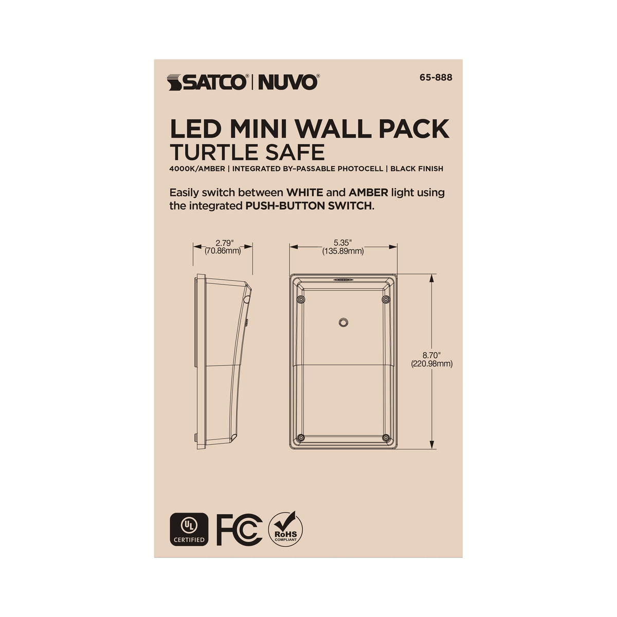 Turtle Safe Wall Pack - 20 Watt - 4000K CCT - Black Finish - Amber Light