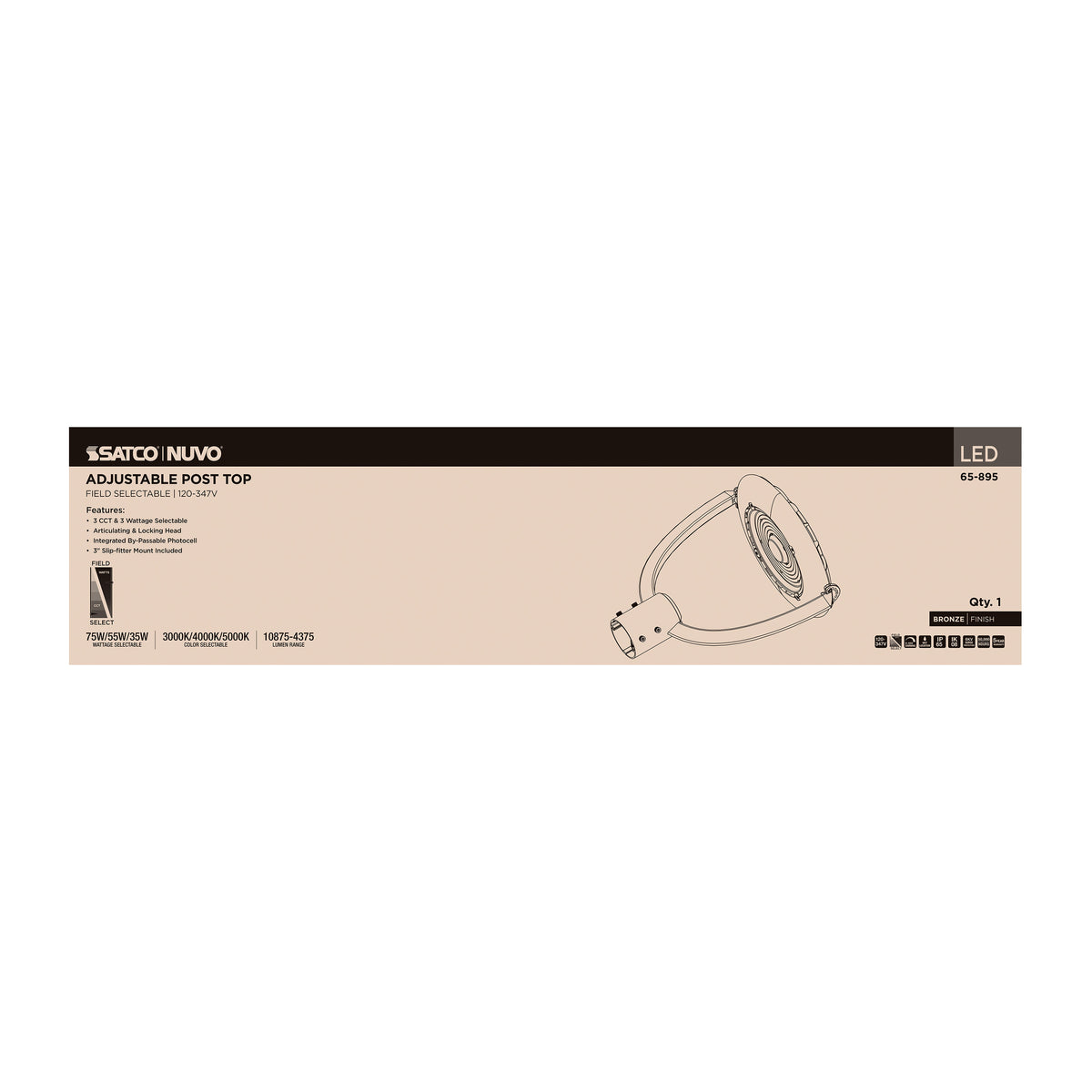 75/55/35 Watt - 3K/4K/5K CCT Small LED Post Top - Bronze - 120-347 Volt