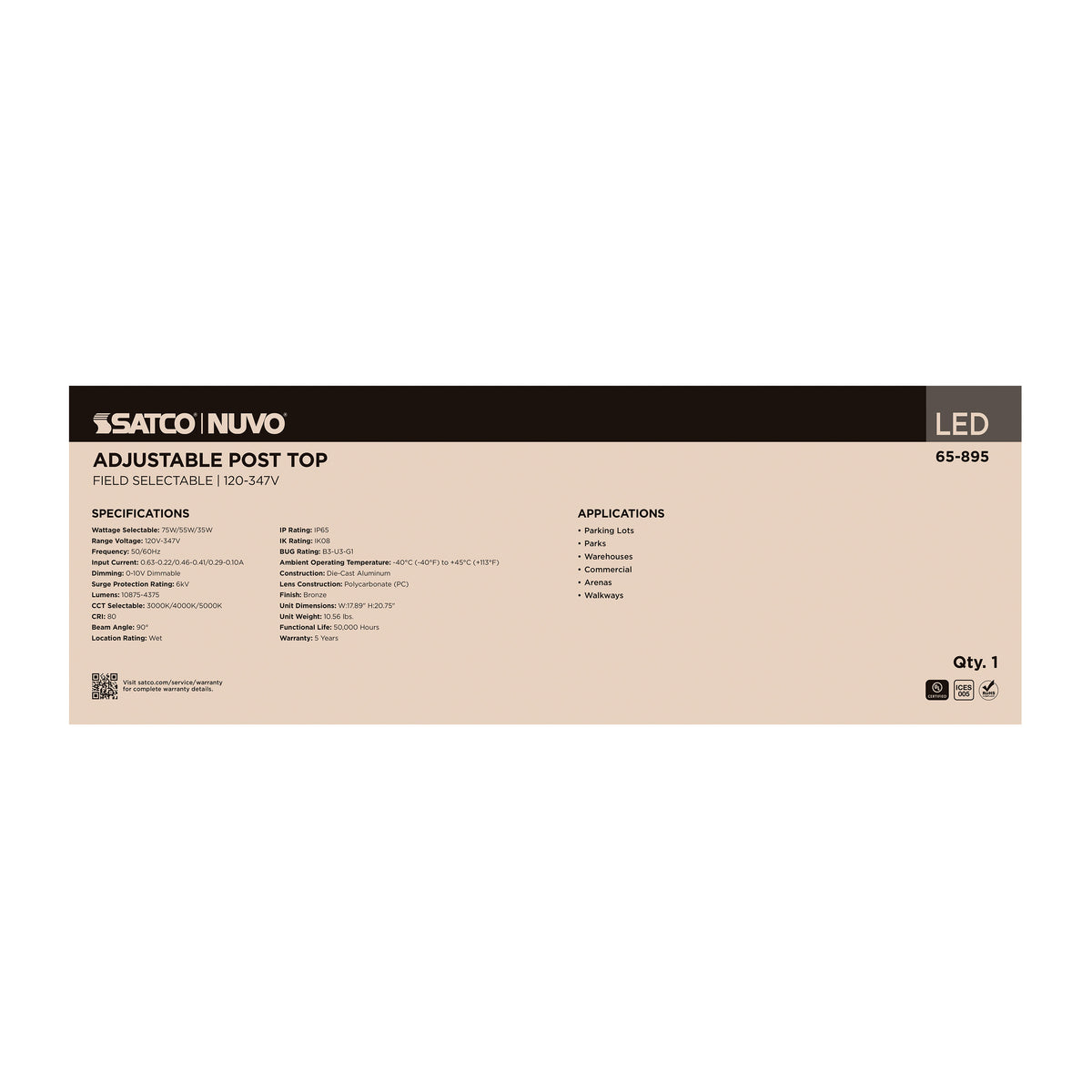 75/55/35 Watt - 3K/4K/5K CCT Small LED Post Top - Bronze - 120-347 Volt