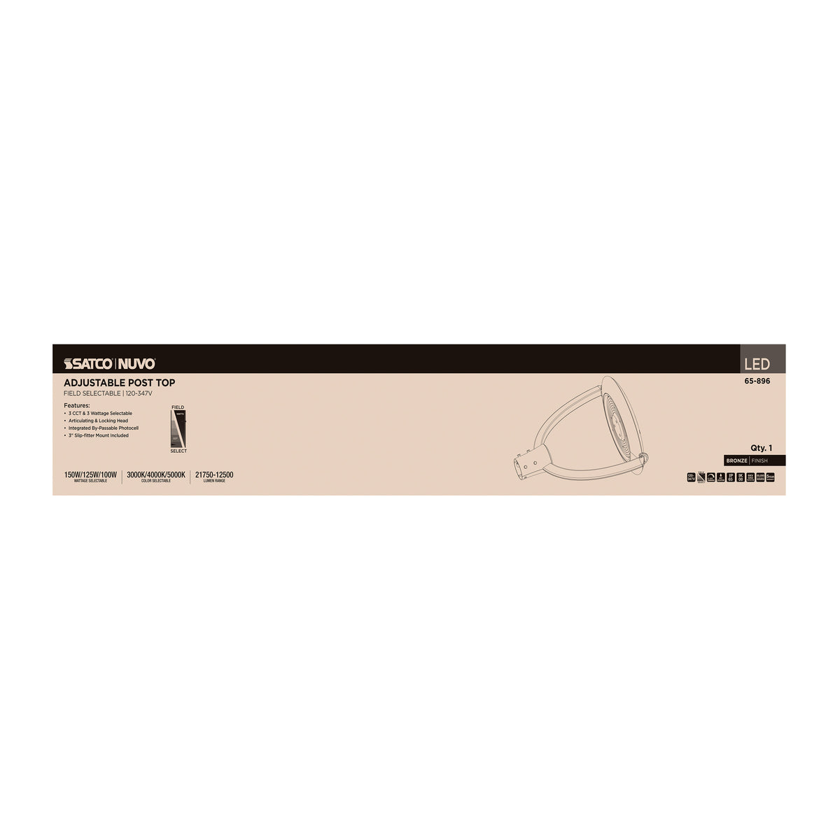 150/125/100 Watt - 3K/4K/5K CCT Large LED Post Top - Bronze - 120-347 Volt