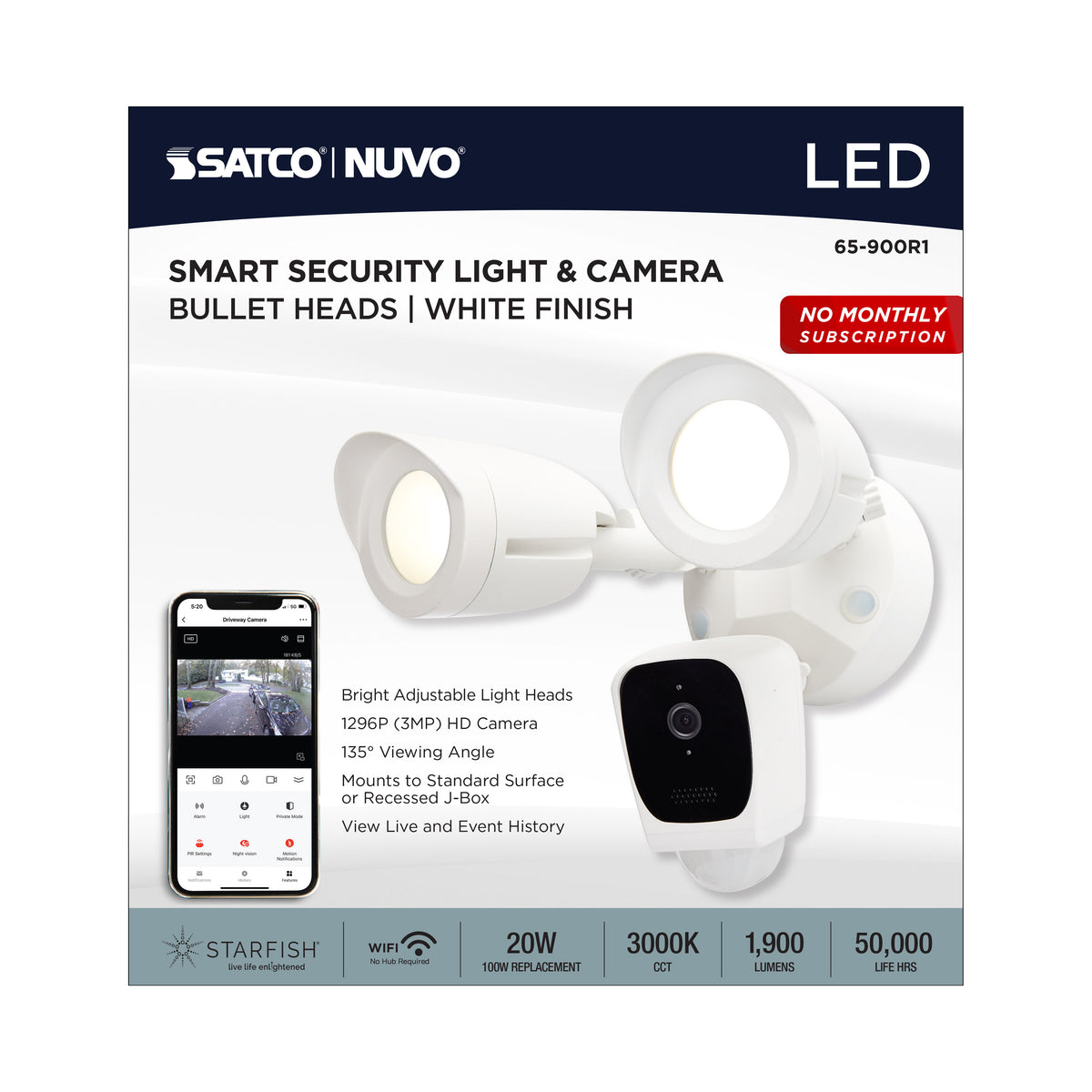 Starfish - Bullet SMART Security Light w/Camera - 20 Watt - 3000K CCT - White Finish - 120-277 Volt