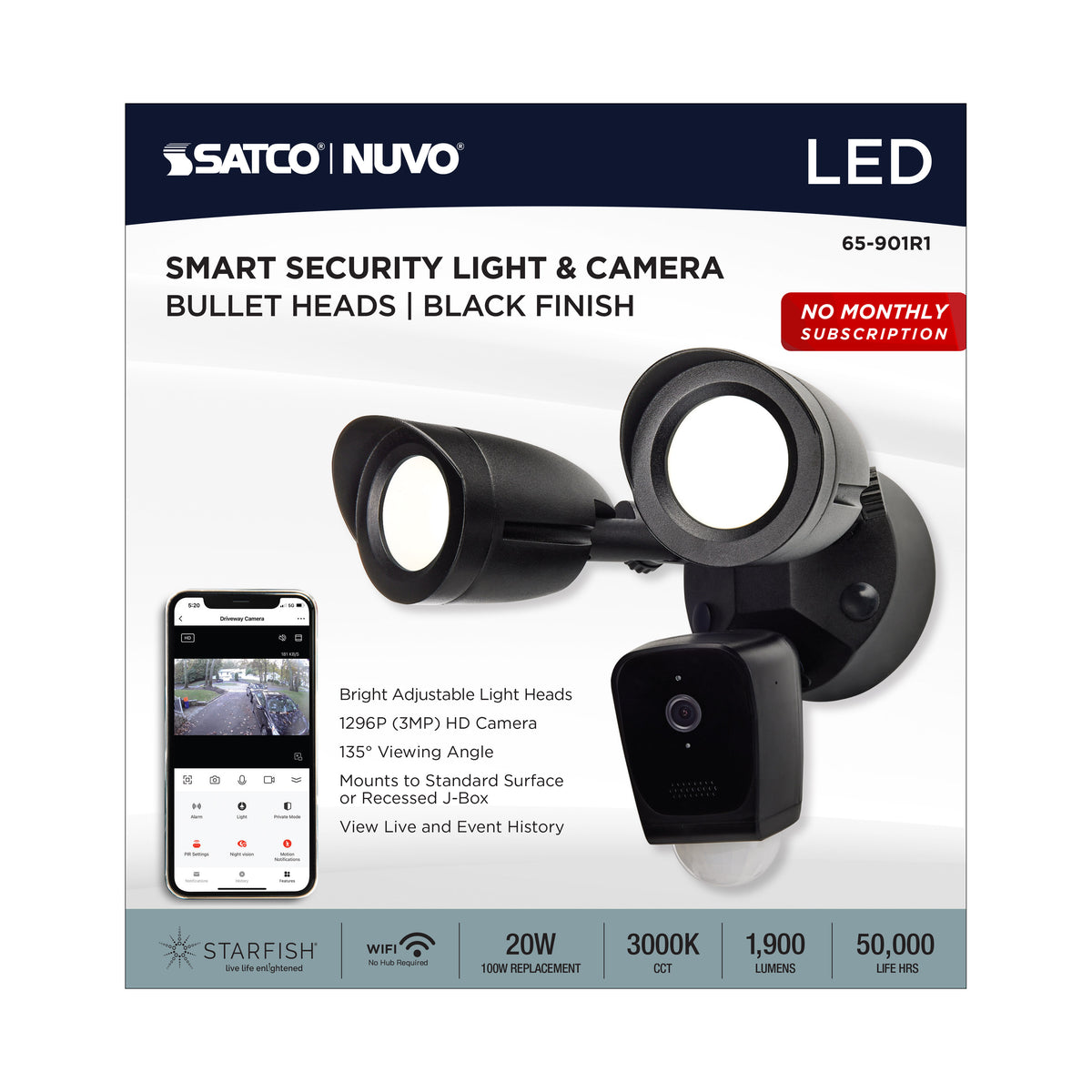 Starfish - Bullet SMART Security Light w/Camera - 20 Watt - 3000K CCT - Black Finish - 120-277 Volt