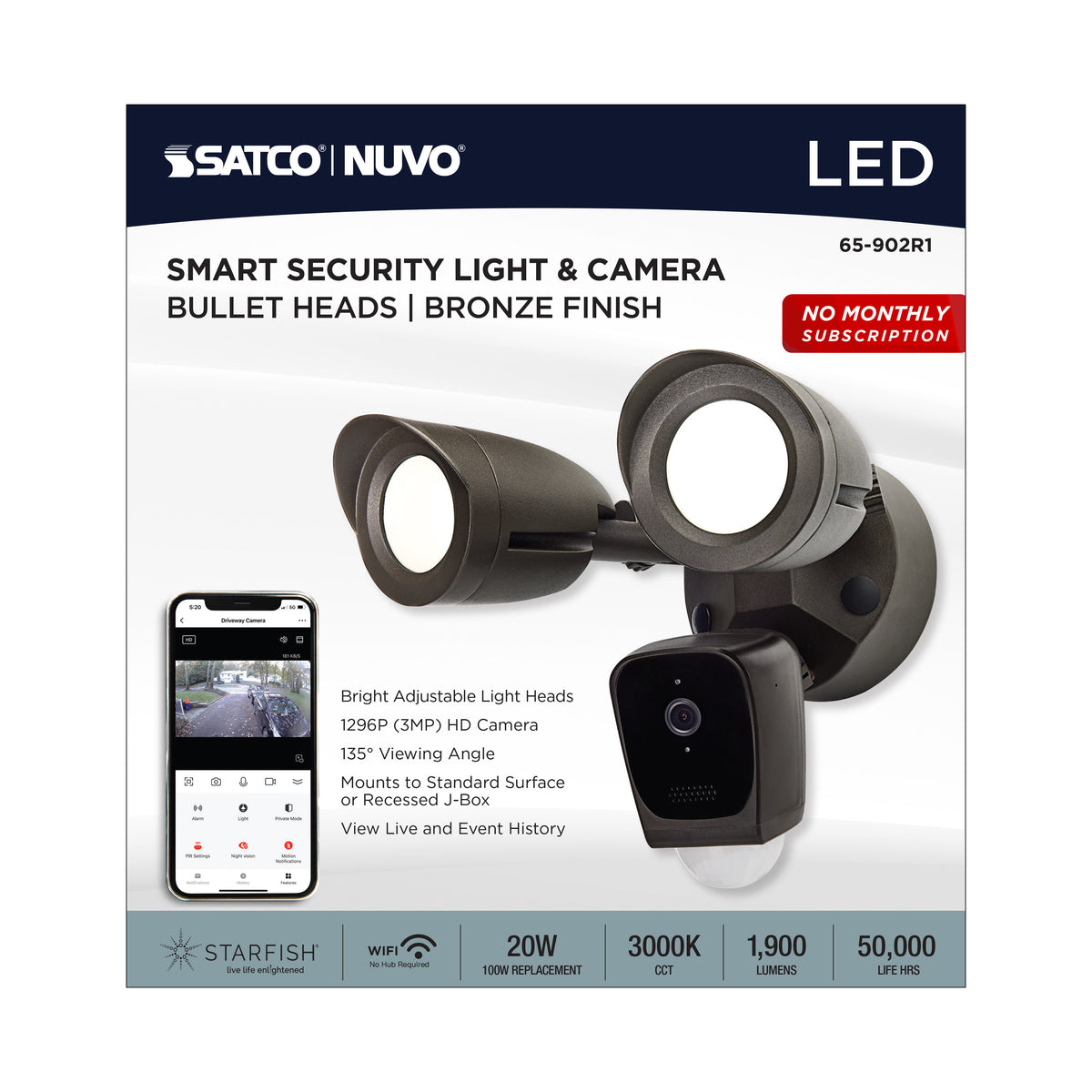 Starfish - Bullet SMART Security Light w/Camera - 20 Watt - 3000K CCT - Bronze Finish - 120-277 Volt