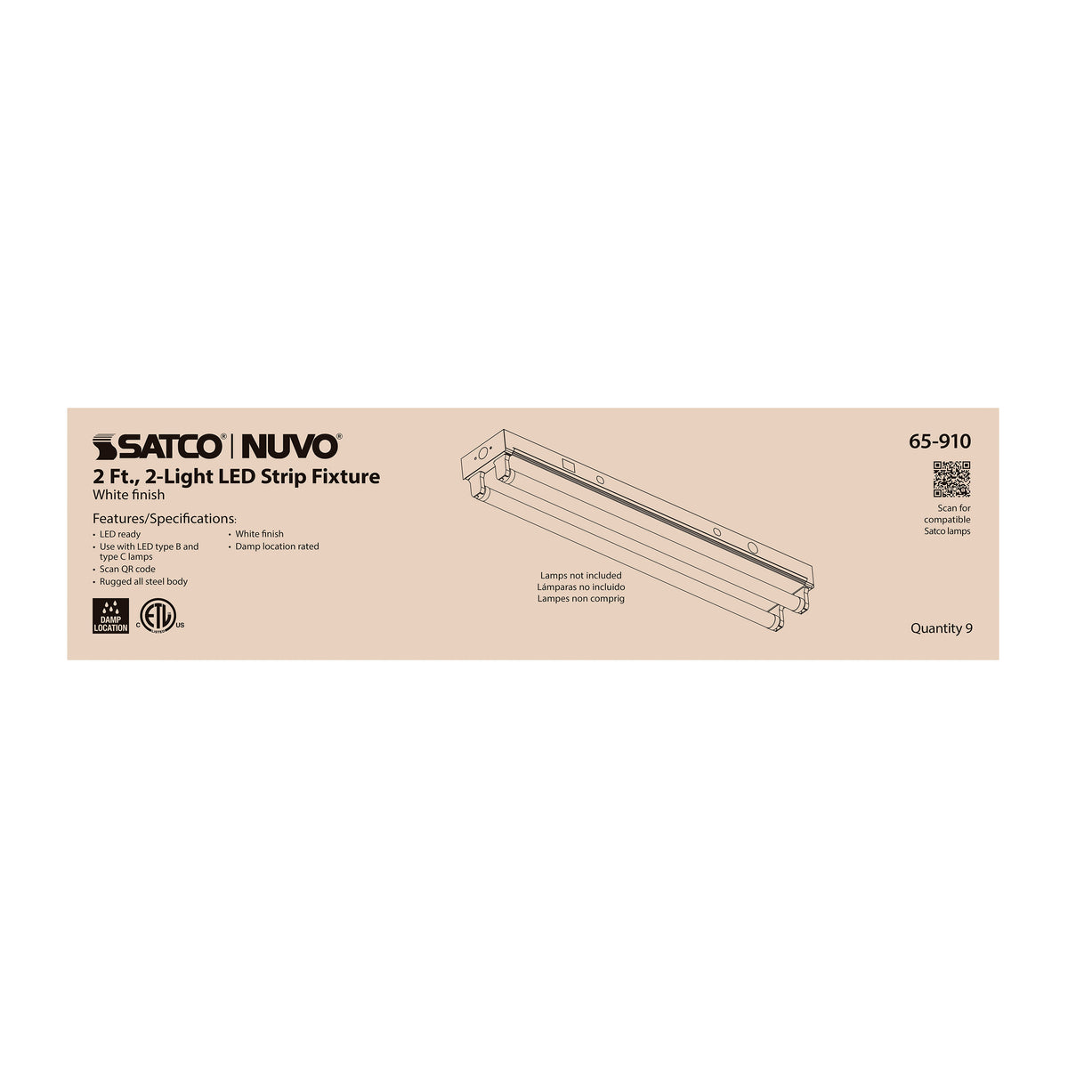 2 Foot - Dual T8 Lamp Ready Fixture Channel - Empty Body Fixture - Complete Lamp Wiring Guide Available - White Finish