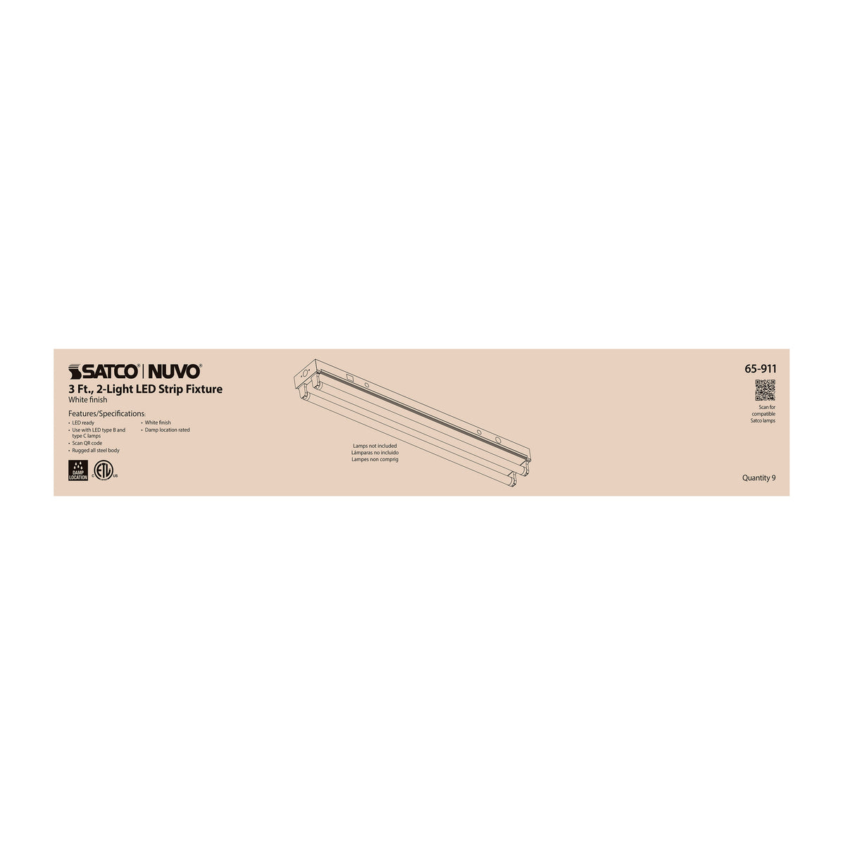 3 Foot - Dual T8 Lamp Ready Fixture Channel - Empty Body Fixture - Complete Lamp Wiring Guide Available - White Finish