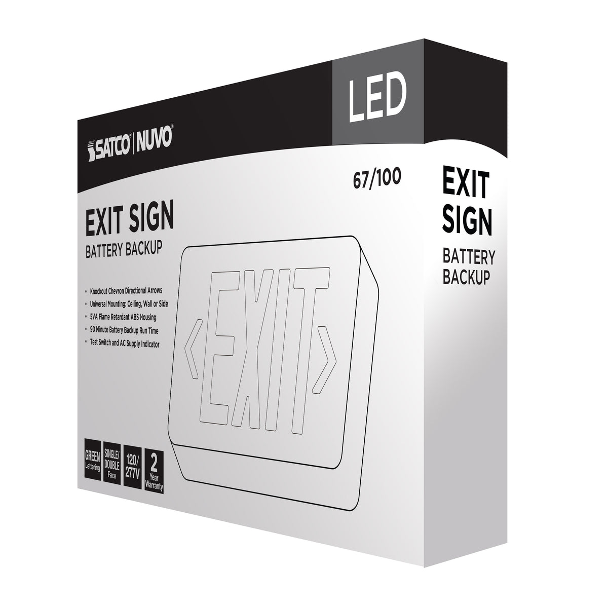 Green LED Exit Sign, 90min Ni-Cad backup, 120/277V, Single/Dual Face, Universal Mounting - White Finish