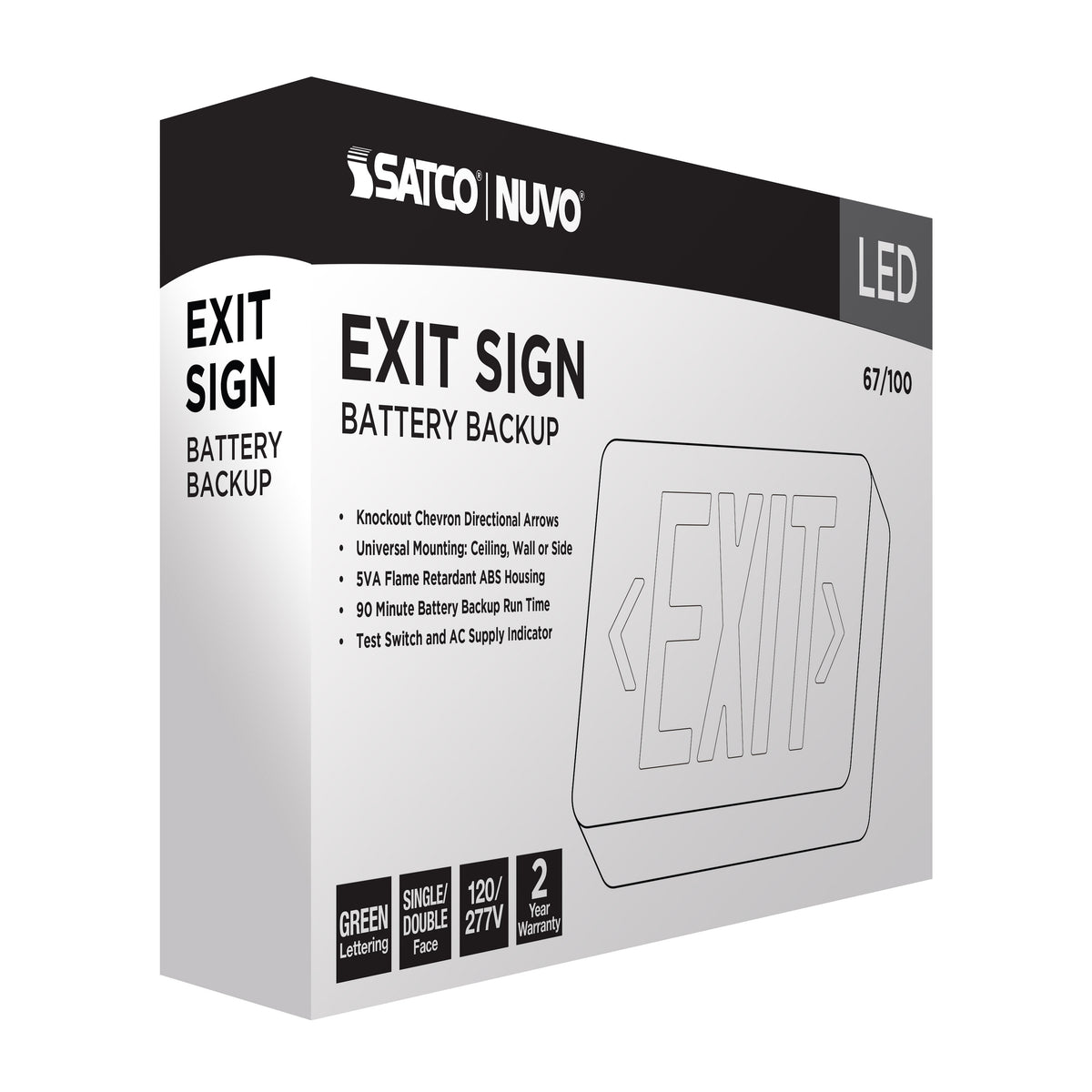 Green LED Exit Sign, 90min Ni-Cad backup, 120/277V, Single/Dual Face, Universal Mounting - White Finish
