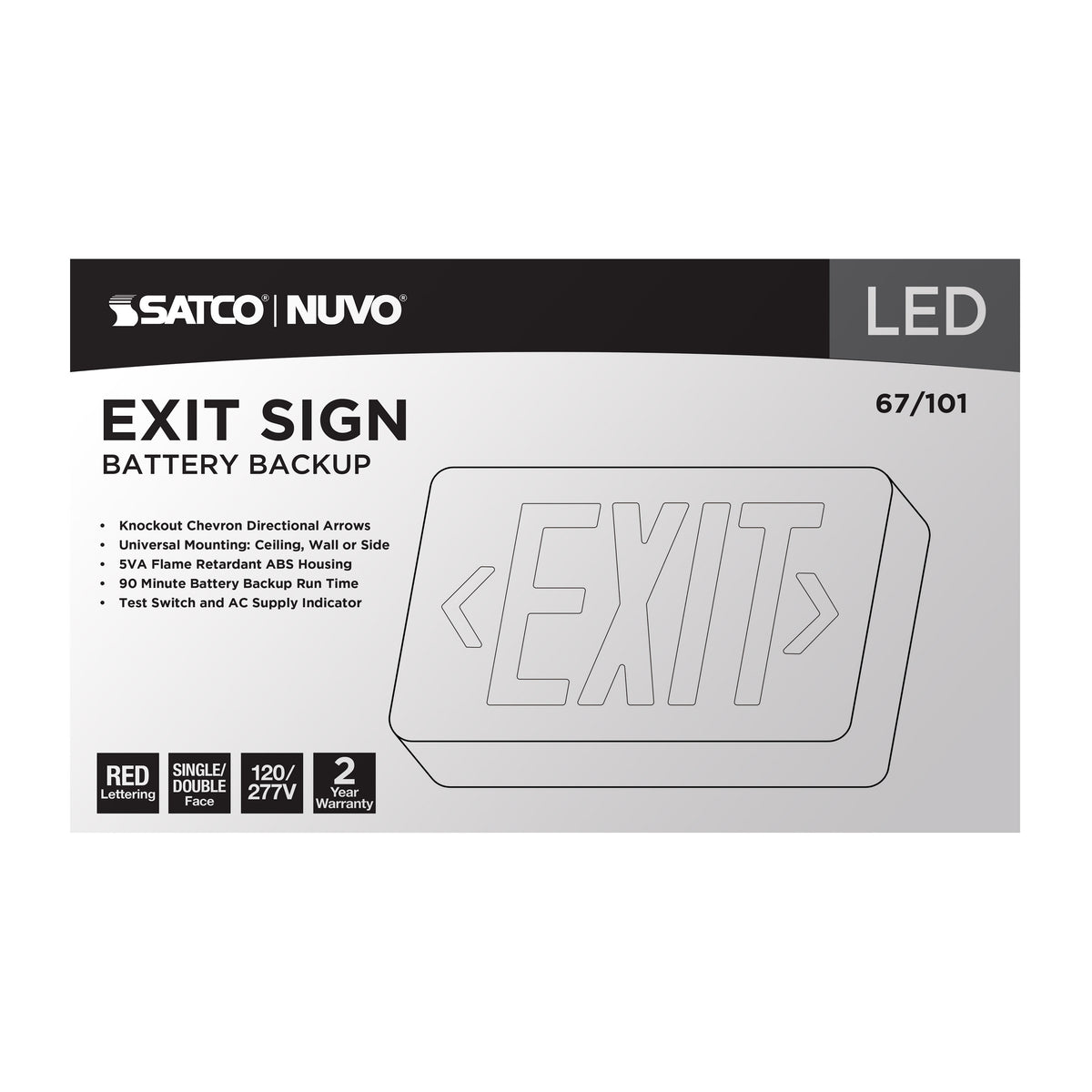 Red LED Exit Sign, 90min Ni-Cad backup, 120/277V, Single/Dual Face, Universal Mounting - White Finish