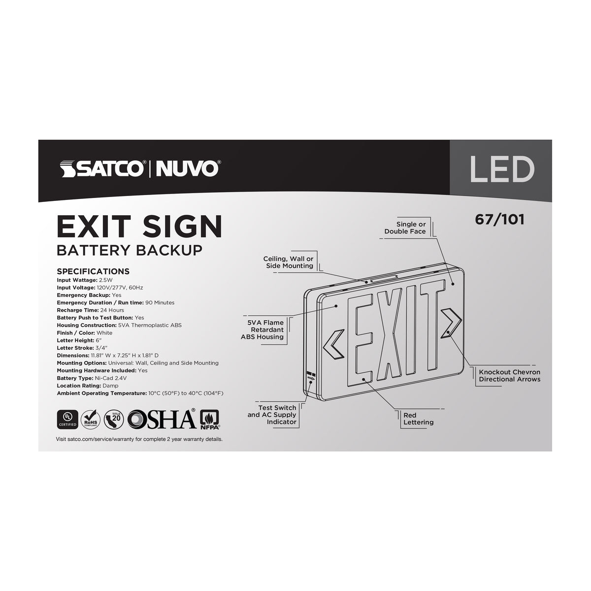 Red LED Exit Sign, 90min Ni-Cad backup, 120/277V, Single/Dual Face, Universal Mounting - White Finish