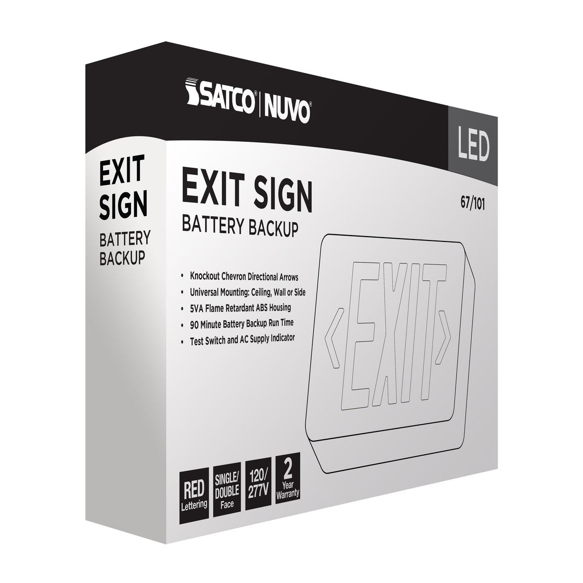 Red LED Exit Sign, 90min Ni-Cad backup, 120/277V, Single/Dual Face, Universal Mounting - White Finish