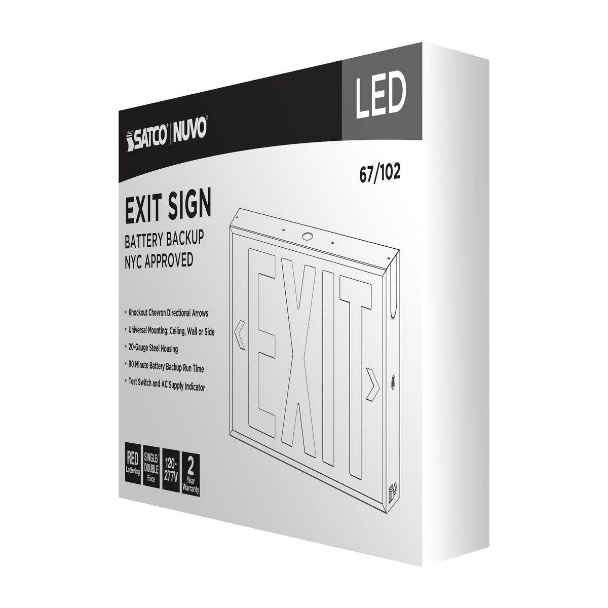 Red LED Exit Sign, 90min Ni-Cad backup, 120V/277V, Single/Dual Face, Universal Mounting, Steel/NYC - White Finish