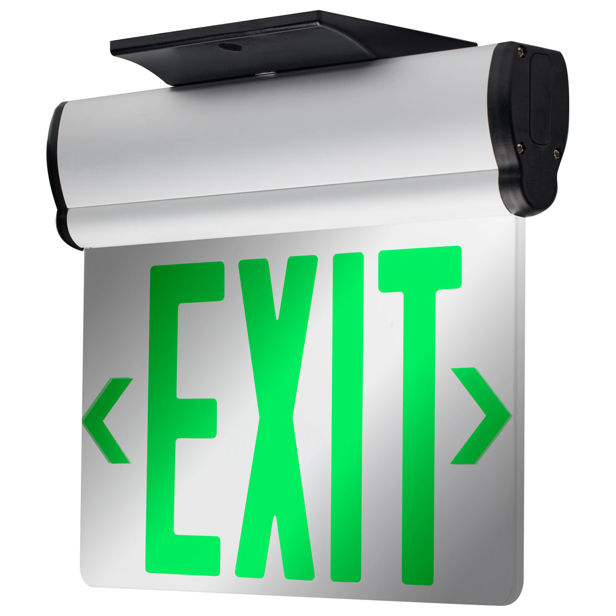 Green (Mirror) Edge Lit LED Exit Sign, 90min Ni-Cad backup, 120/277V, Dual Face, Top/Back/End Mount - Silver Finish bulb or