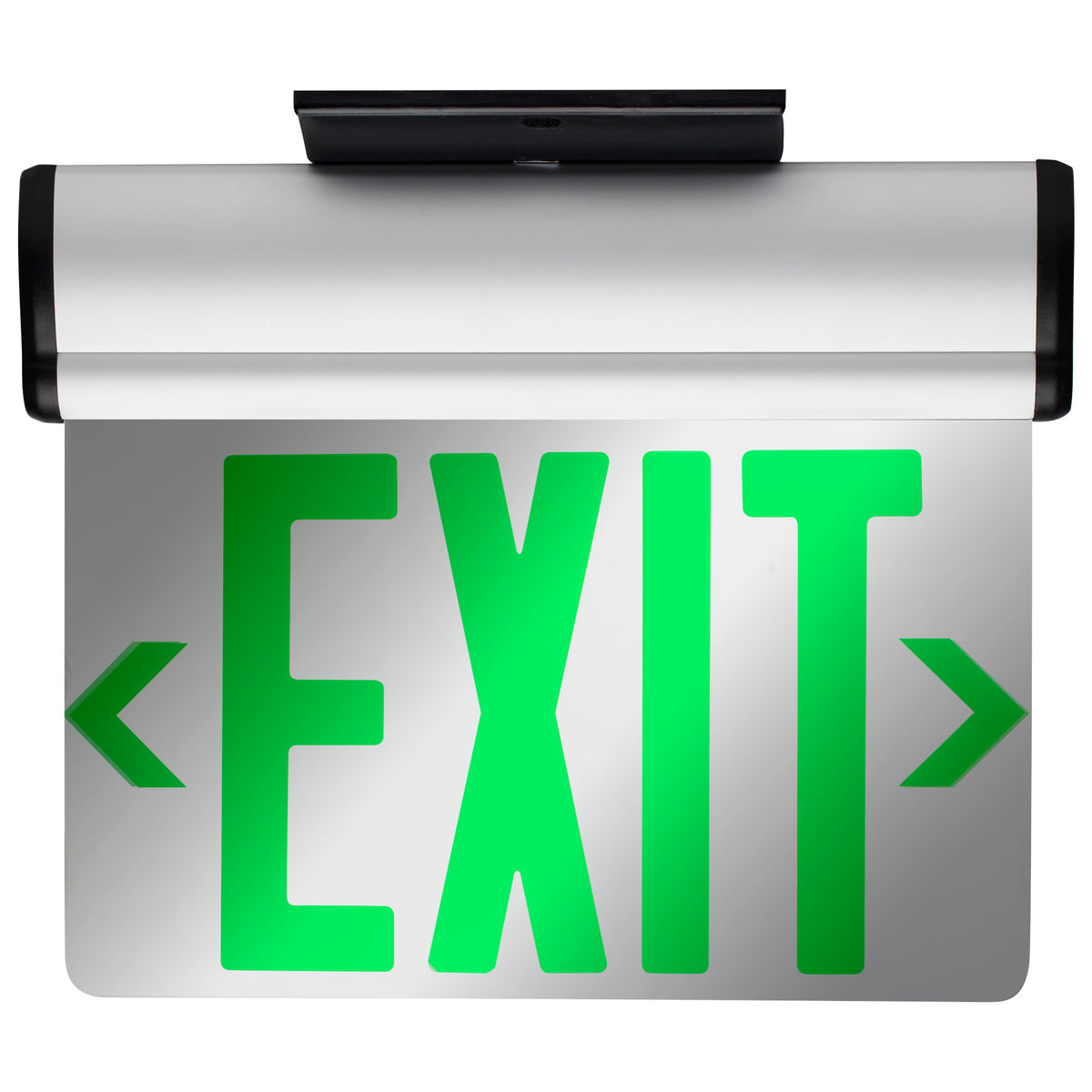 Green (Mirror) Edge Lit LED Exit Sign, 90min Ni-Cad backup, 120/277V, Dual Face, Top/Back/End Mount - Silver Finish