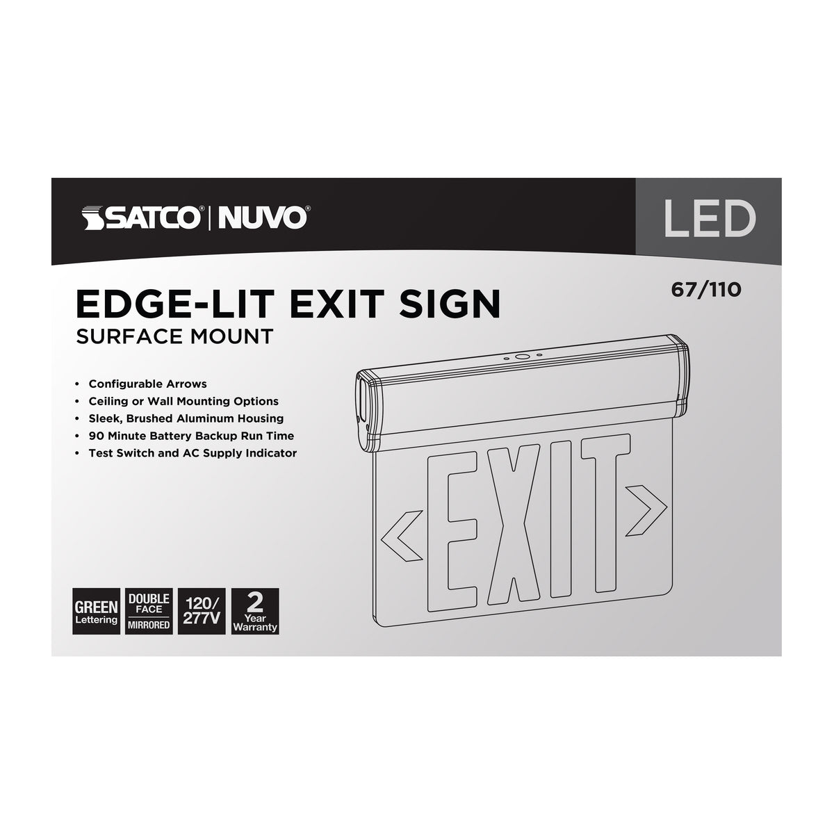 Green (Mirror) Edge Lit LED Exit Sign, 90min Ni-Cad backup, 120/277V, Dual Face, Top/Back/End Mount - Silver Finish