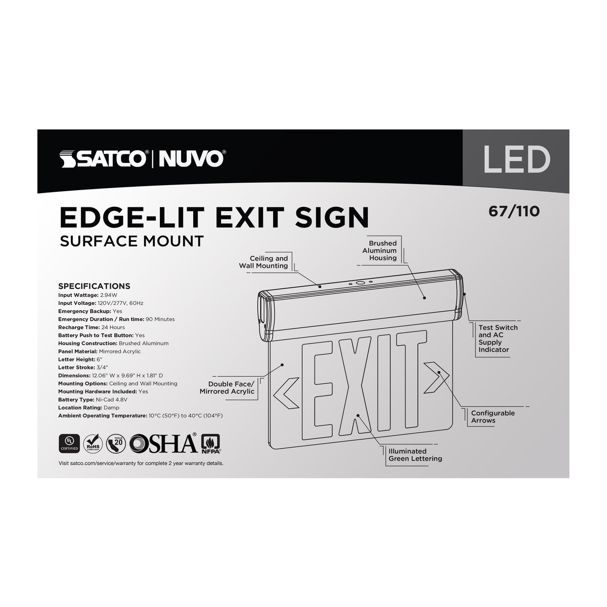 Green (Mirror) Edge Lit LED Exit Sign, 90min Ni-Cad backup, 120/277V, Dual Face, Top/Back/End Mount - Silver Finish