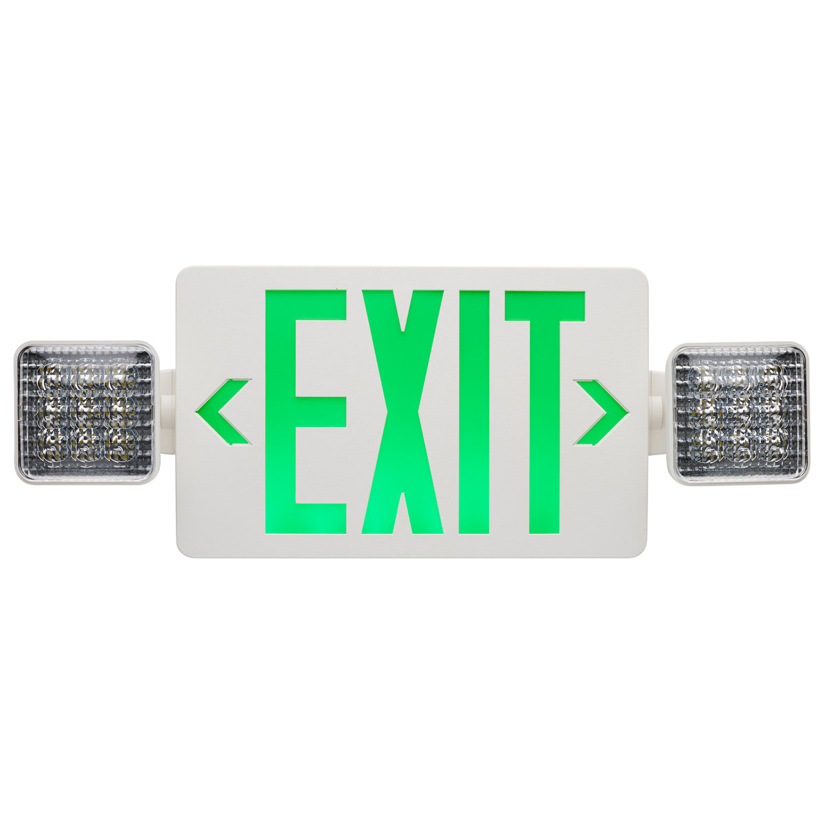 Combination Green Exit Sign/Emergency Light, 90min Ni-Cad backup, 120/277V, Dual Head, Single/Dual Face, Universal Mounting - White Finish