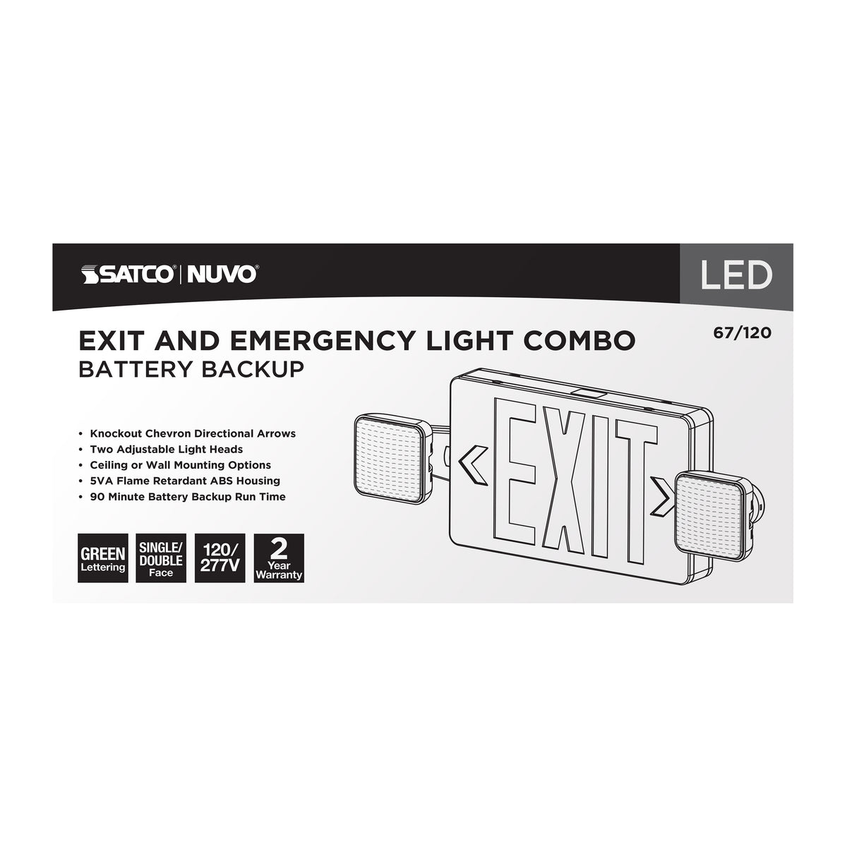Combination Green Exit Sign/Emergency Light, 90min Ni-Cad backup, 120/277V, Dual Head, Single/Dual Face, Universal Mounting - White Finish