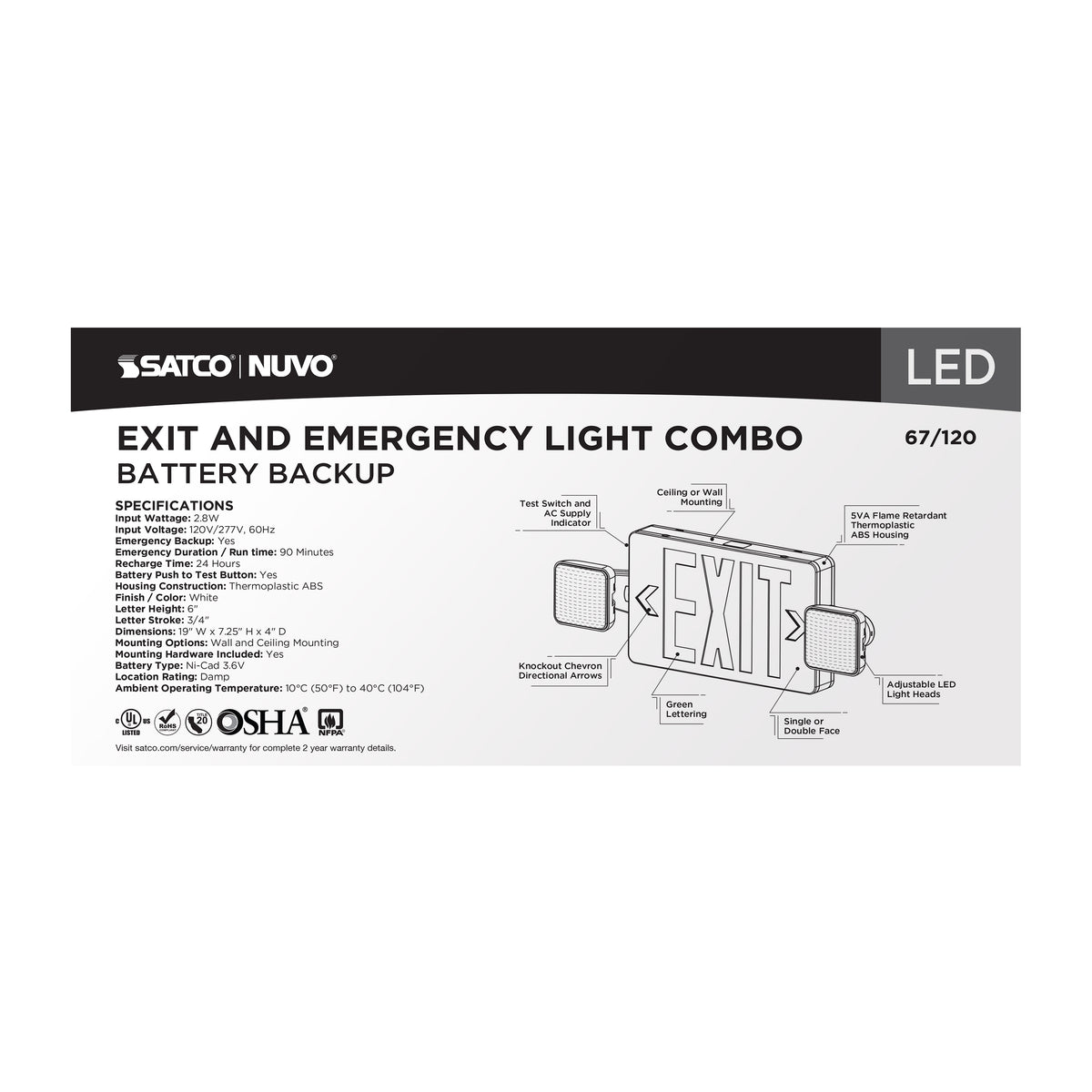 Combination Green Exit Sign/Emergency Light, 90min Ni-Cad backup, 120/277V, Dual Head, Single/Dual Face, Universal Mounting - White Finish