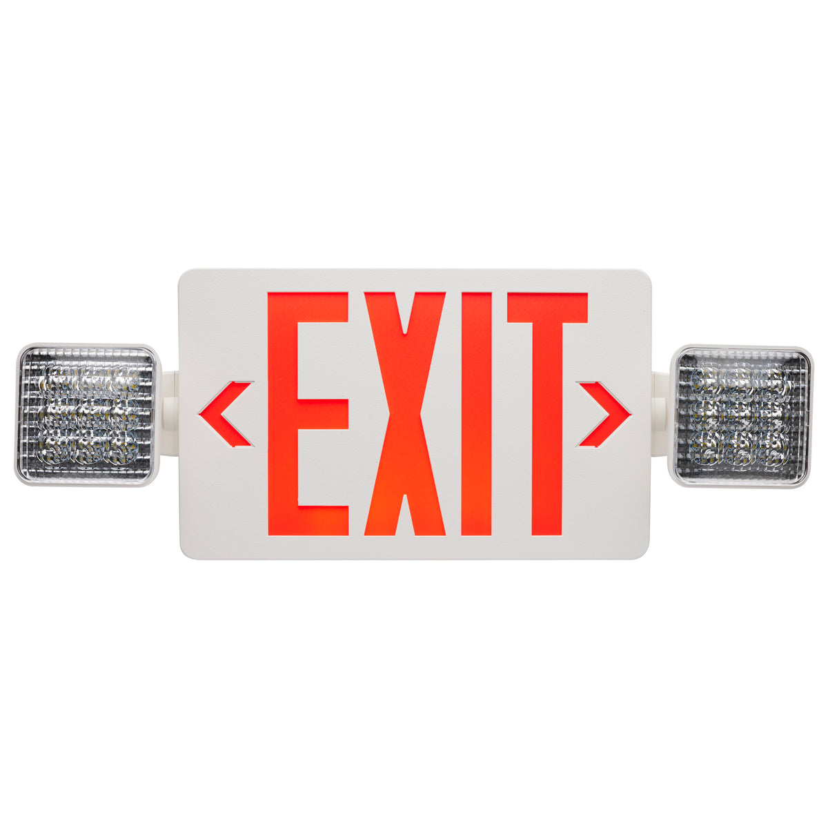 Combination Red Exit Sign/Emergency Light, 90min Ni-Cad backup, 120/277V, Dual Head, Single/Dual Face, Universal Mounting - White Finish