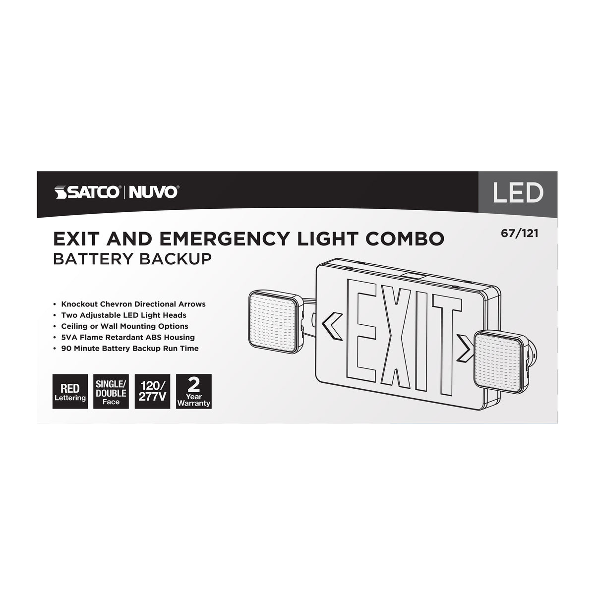 Combination Red Exit Sign/Emergency Light, 90min Ni-Cad backup, 120/277V, Dual Head, Single/Dual Face, Universal Mounting - White Finish