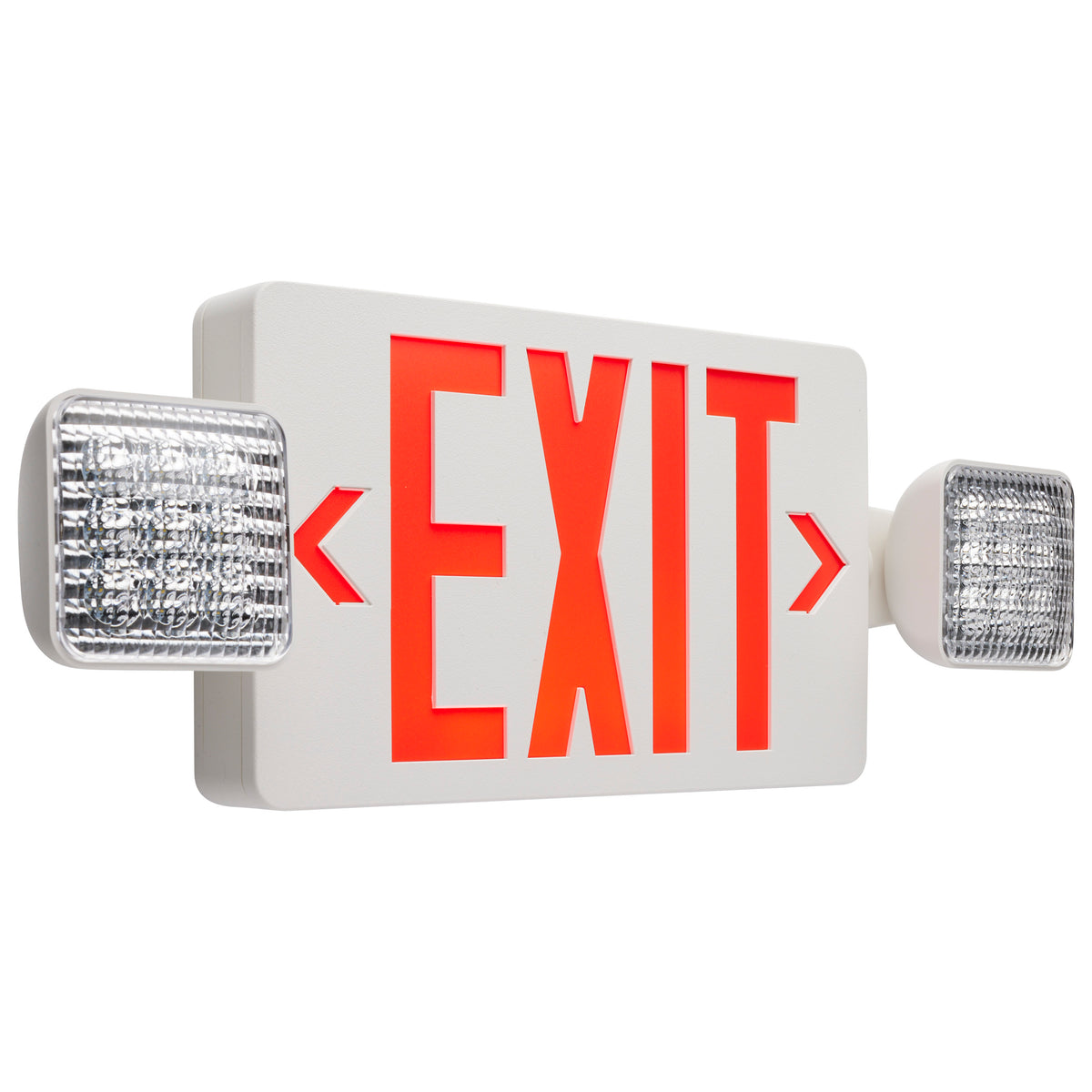 Combination Red Exit Sign/Emergency Light, 90min Ni-Cad backup, 120/277V, Dual Head, Single/Dual Face, Universal Mounting