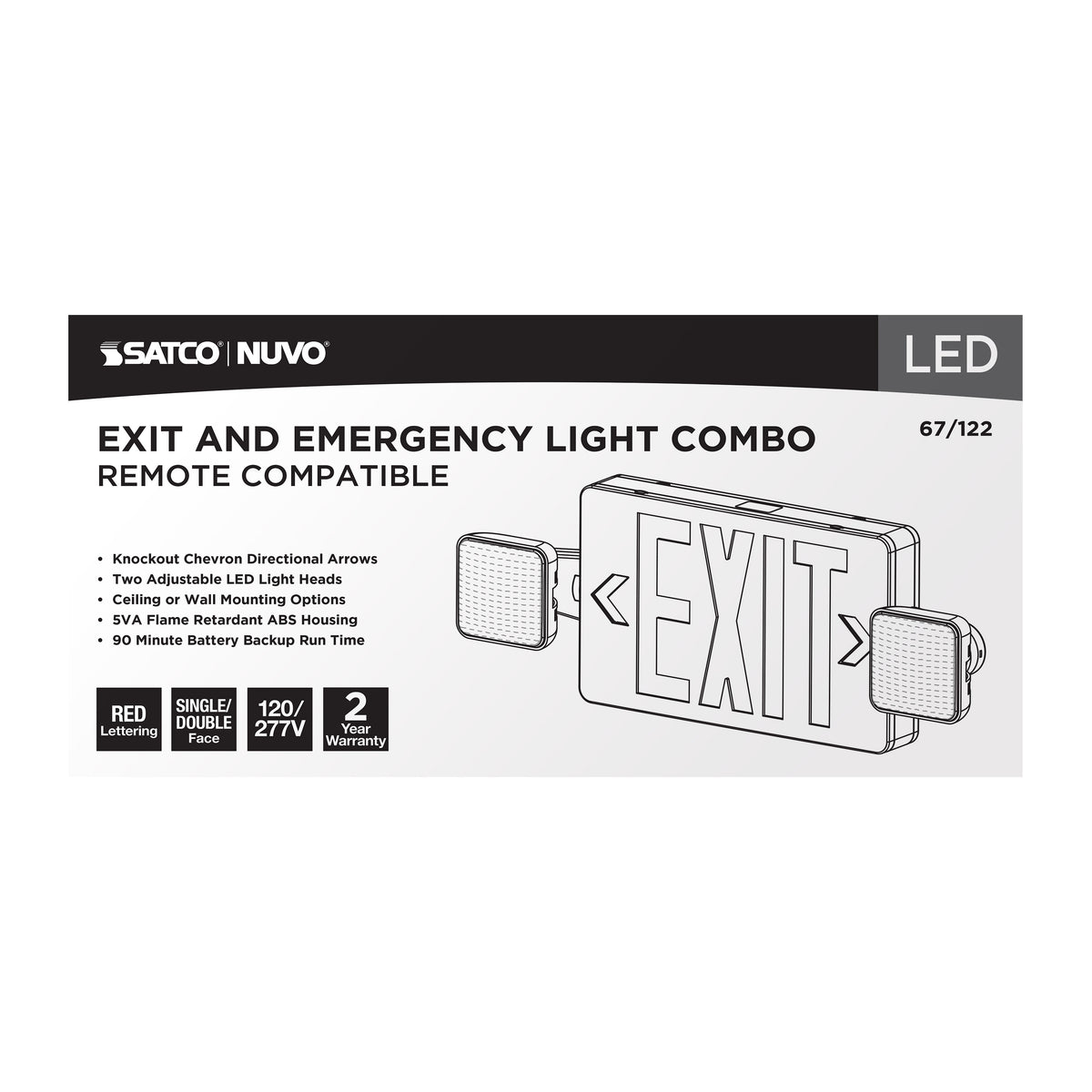 Combination Red Exit Sign/Emergency Light, 90min Ni-Cad backup, 120/277V, Dual Head, Single/Dual Face, Universal Mounting, Remote Compatible - White Finish